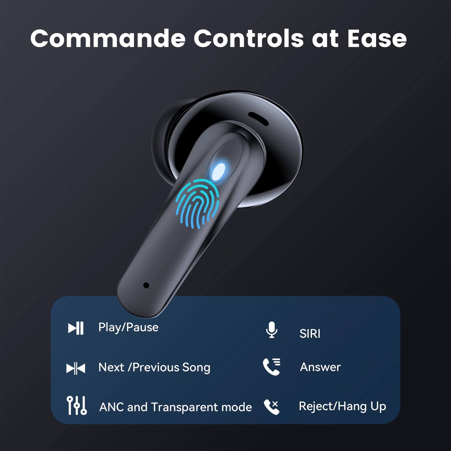 Commande Controls at Ease

- Play/Pause
- Next / Previous Song
- SIRI
- Answer
- ANC and Transparent mode
- Reject/Hang Up