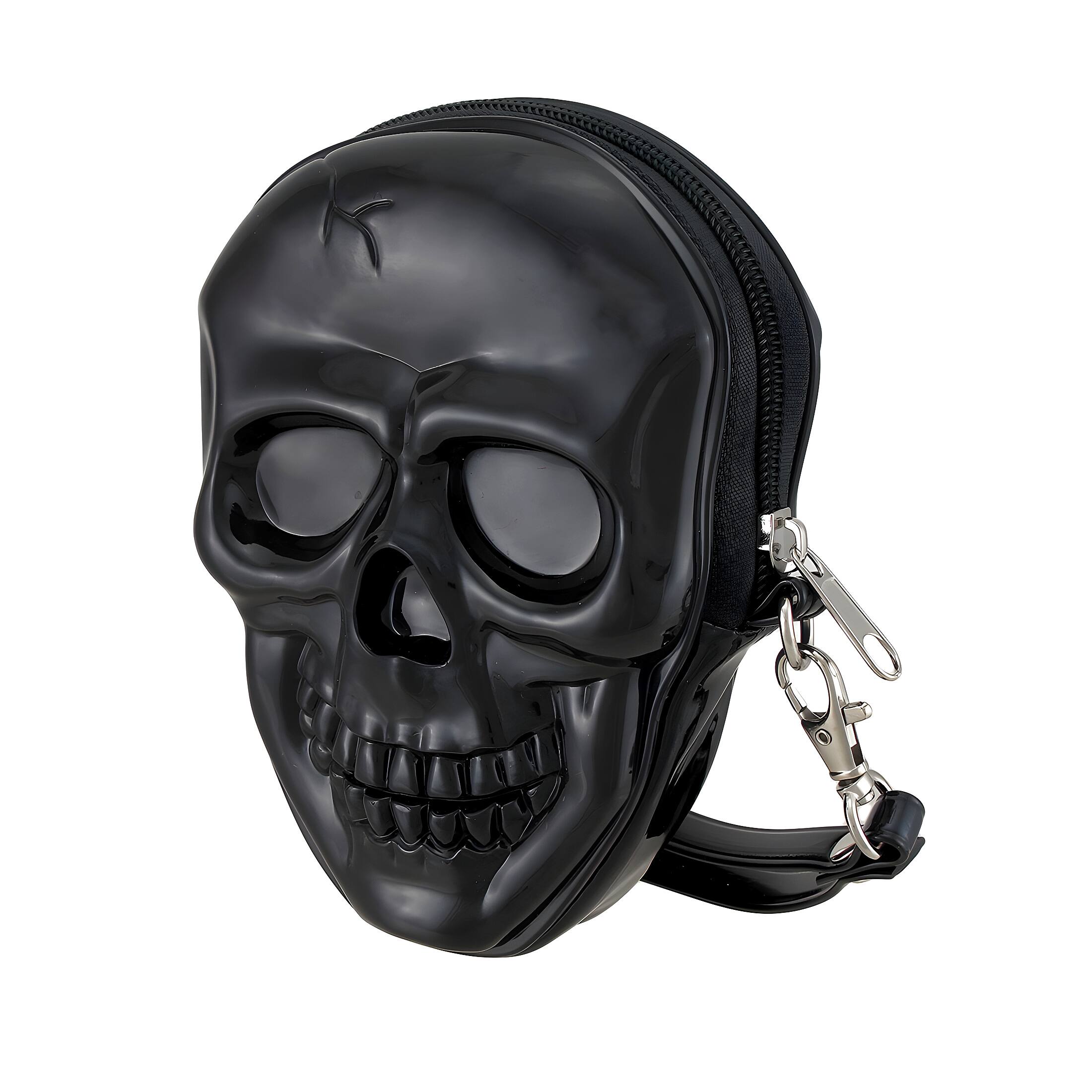 Alt View 1. Zeckos - Glossy Black Molded Skull Shaped Wristlet Purse w/Removable Strap - Black.