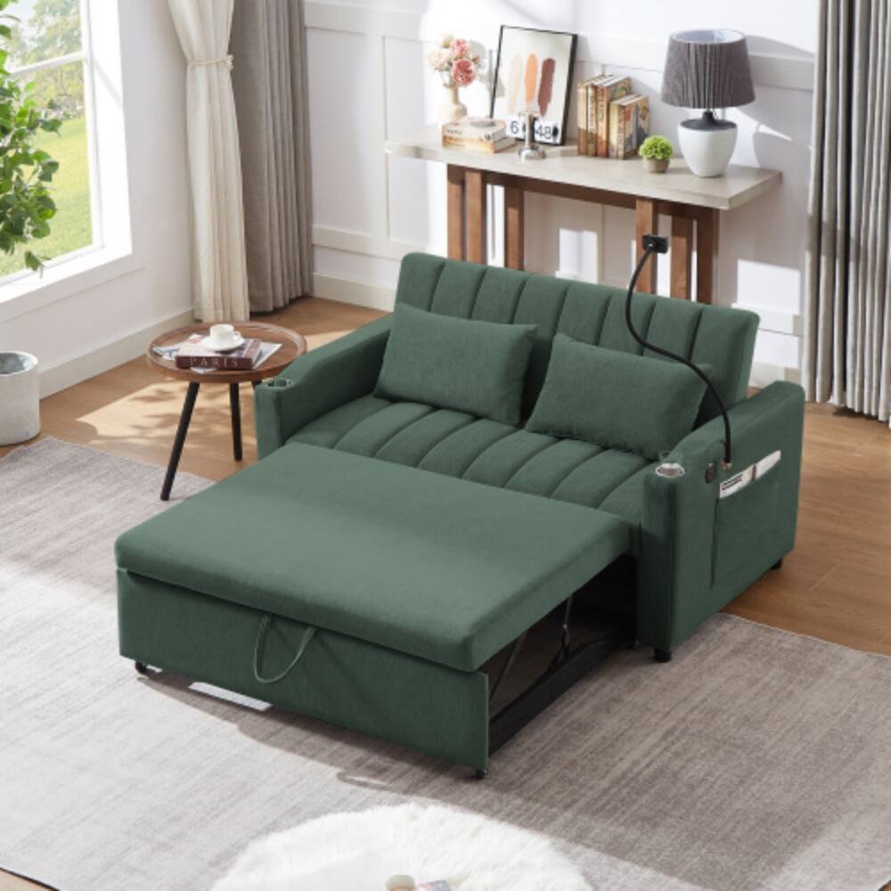Angle. LUCKY ONE - 55.9" Convertible Loveseat Sofa Bed w/ 3 USB Ports Cup Holders Swivel Phone Holder - Green.