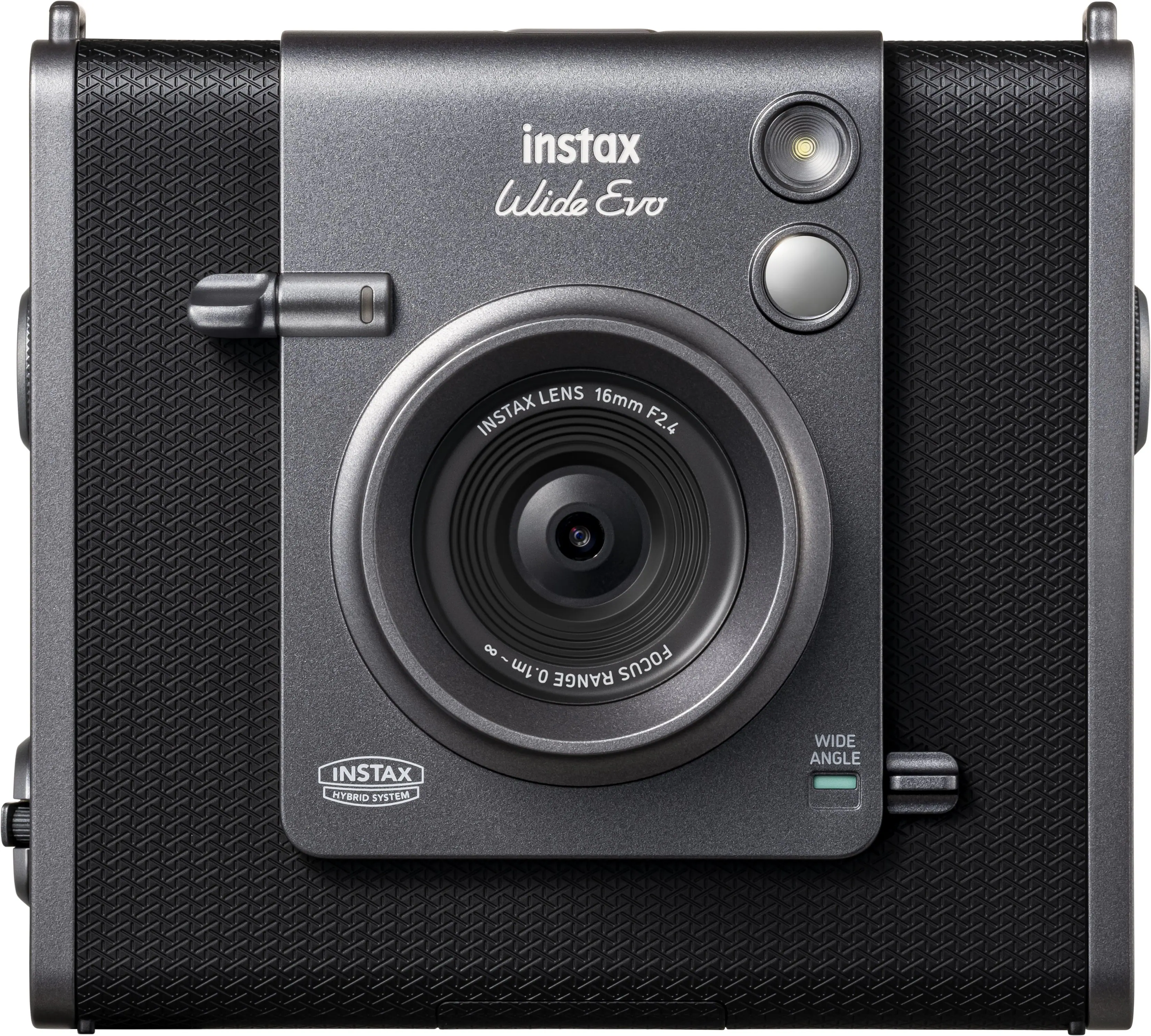 "Instax Wide Evo Lens 16mm, F2.4, 8-focus 1m range, Instax Hybrid System, Wide Angle."