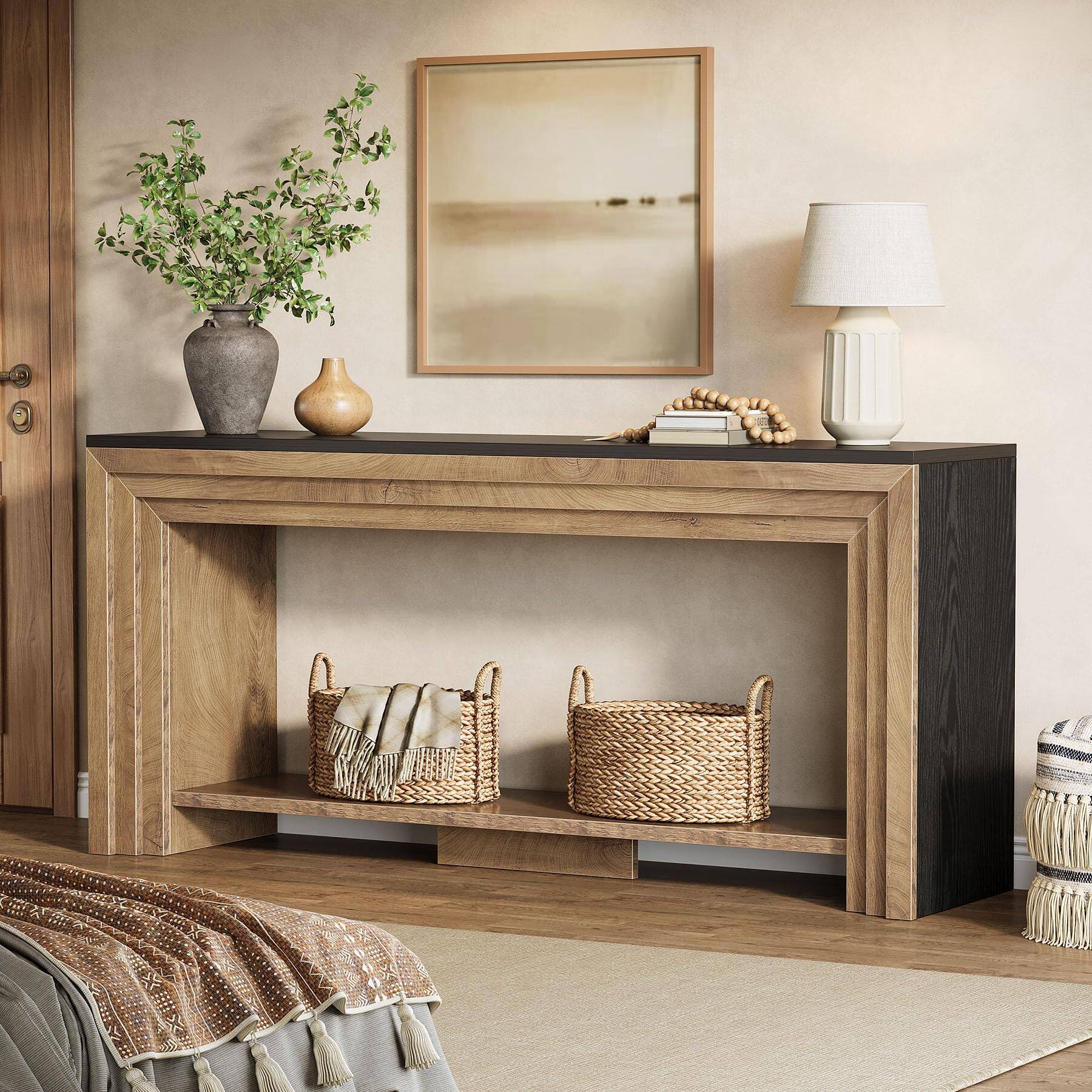 Alt View 4. Tribesigns - 70.9 Inch Narrow Console Table, Farmhouse 2-Tier Wooden Sofa Table with Storage, Space-Saving Behind Couch Accent Table - Natural & Black.