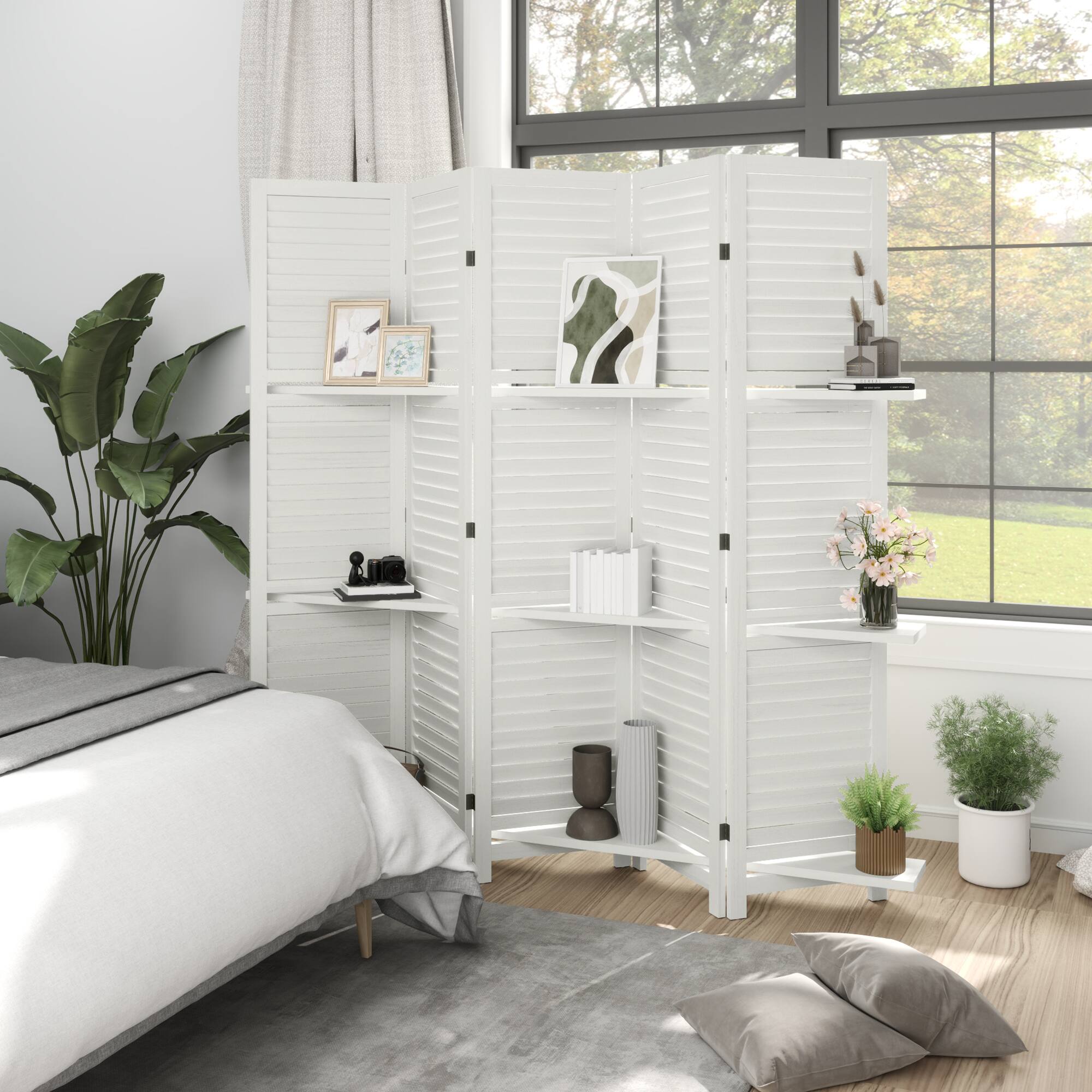 Alt View 7. Homcom - Room Divider, 5 Panel Wood Privacy Screen with Display Shelves and Folding Storage for Bedroom or Home Office - White.