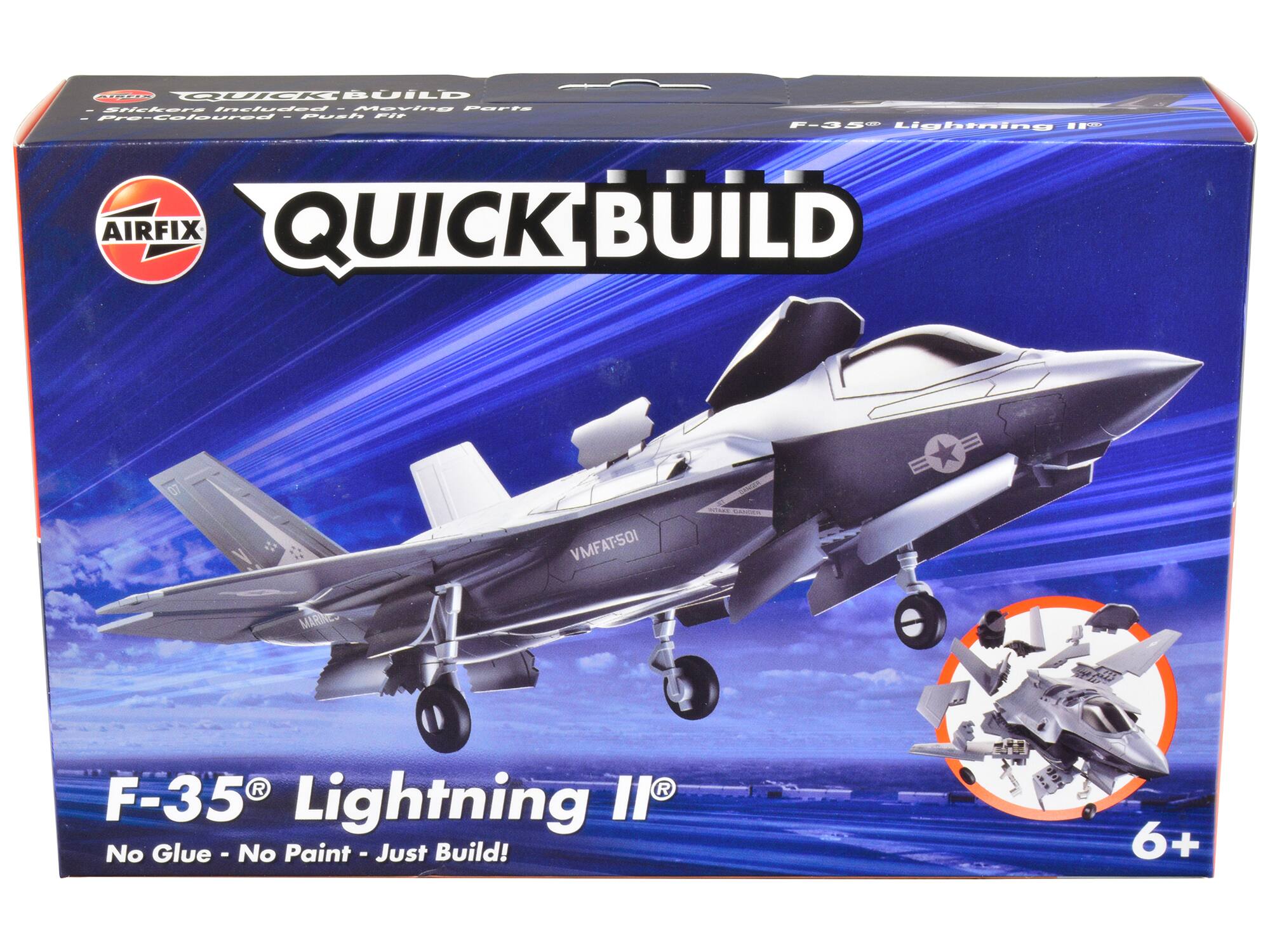 Sure, here is the corrected and grouped text from the image:

---

**AIRFIX**

**QUICKBUILD**

- Skeleton Model
- Pre-coloured
- No Glue - No Paint - Just Build!

**F-35 Lightning II**

**VMFA-501**

**SAN DIEGO MARINE**

**No Glue - No Paint - Just Build!**

**6+**

---