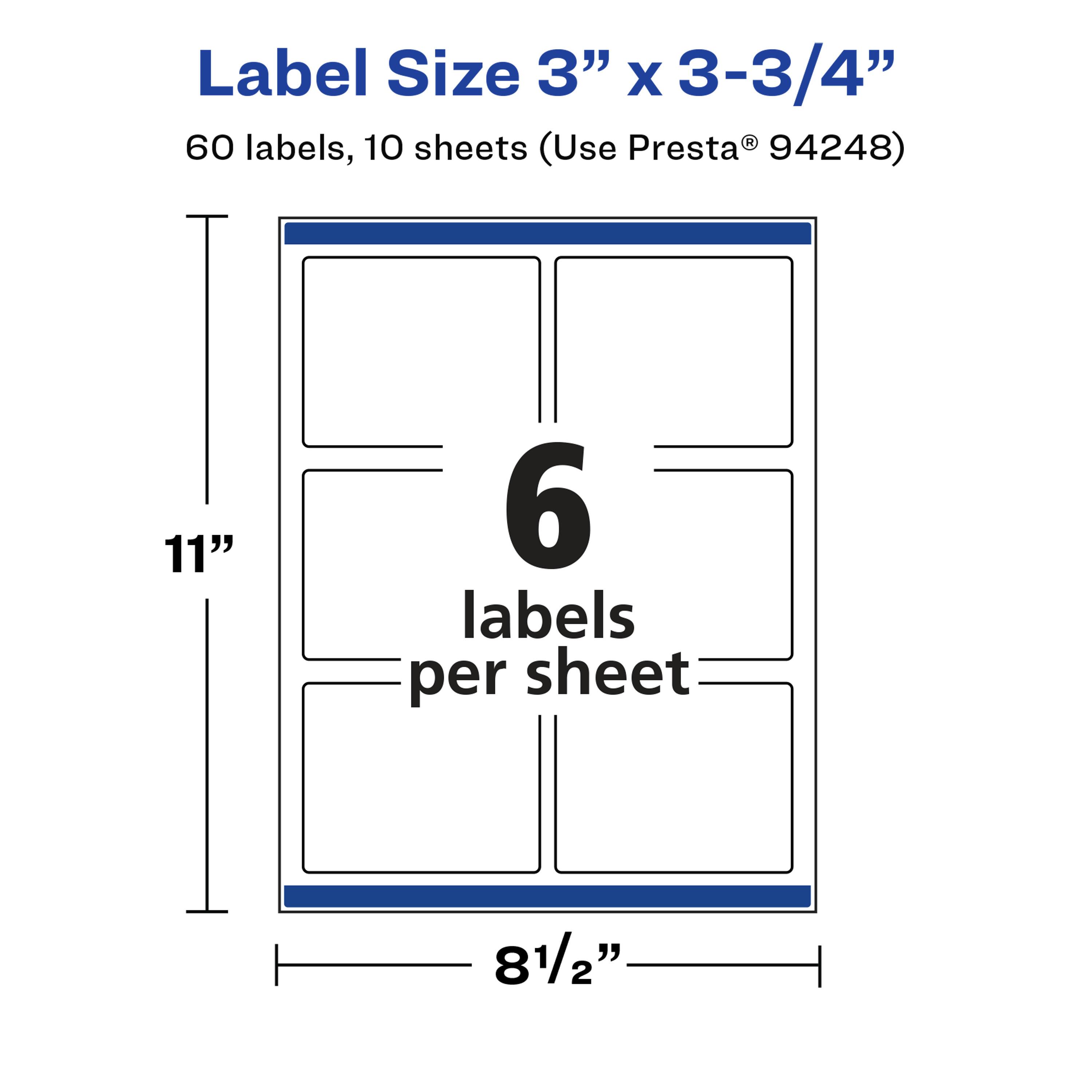 Label Size 3" x 3-3/4"  
60 labels, 10 sheets (Use Presta® 94248)  
11"  
6 labels per sheet  
8 1/2"