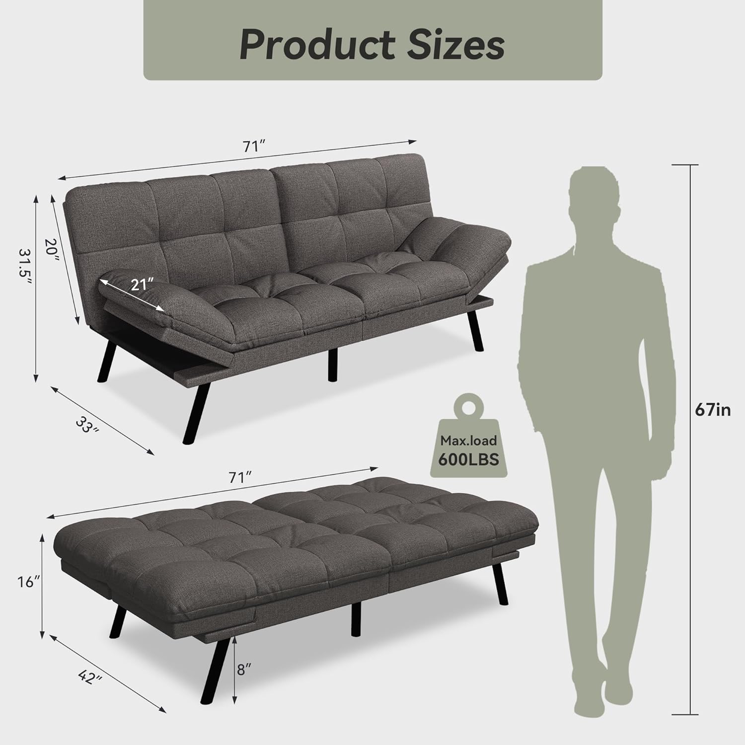 Product Sizes: 71", 31.5", 20", 21", 33", 71", Max.load 600LBS, 67in, 16", 42", 8"