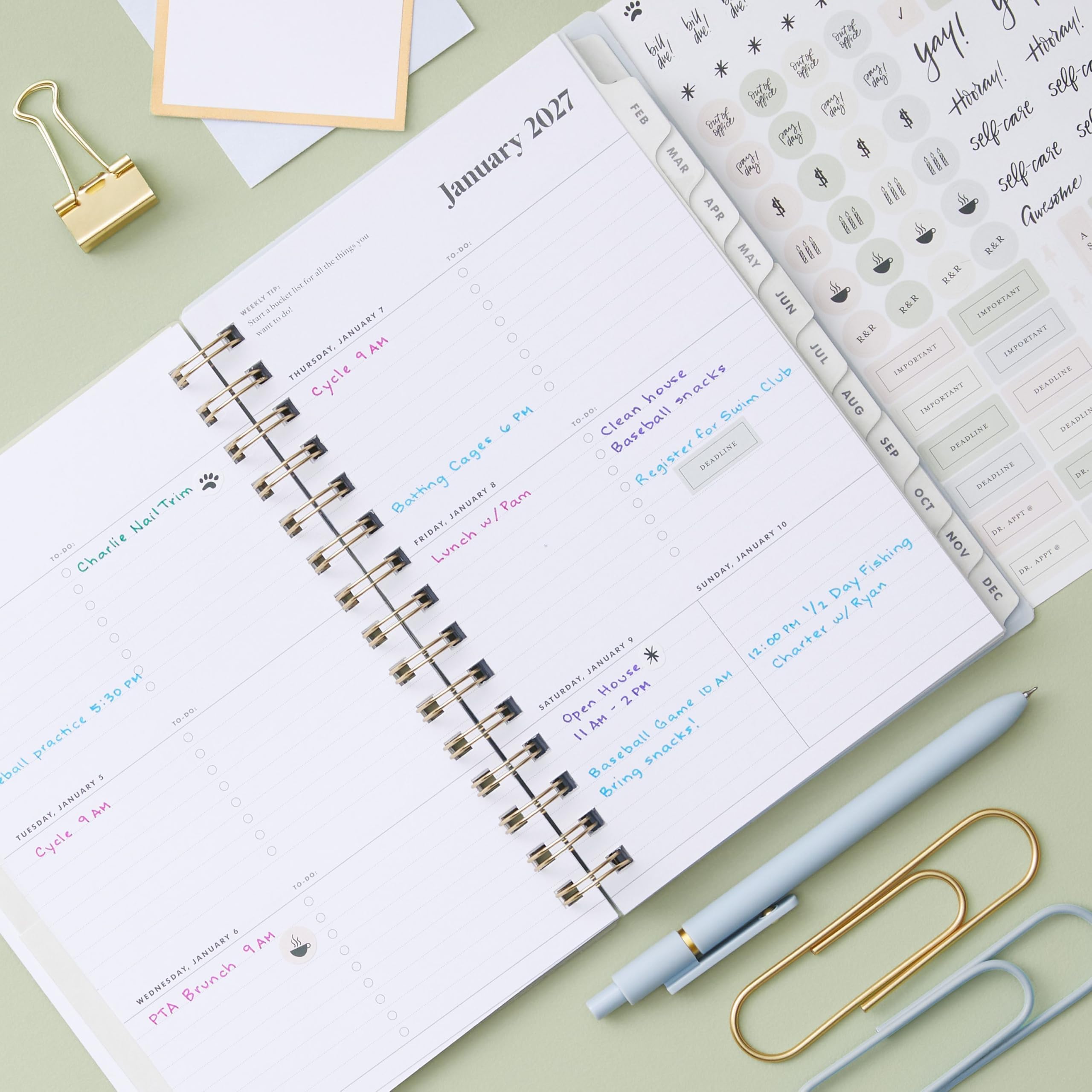 yay! Hirray! self 2027  
FEB Hirray! self-care  
January MAR self-care  
Jikin APR R&R  
Awesome 10-00: 9 things  
MAY Mir R&R  
WEEKLY TIP: Starta  
JUN R&R  
IMPORTANT JANUARY 9AM  
JUL R&R  
IMPORTANT THURSDAY, Cycle  
house snacks Club  
IMPORTANT DEADLINE PM 10-00-  
Clean Swim  
AUG IMPORTANT DEADLINE  
Baseball for Cages  
DEADLINE SEP  
DEADLINE Batting  
JANUARY S Register  
OCT DEADLINE DR.  
NailTrim FRIDAY, w/Pam  
10 DE APPT 10.00  
Charlie Lunch  
JANUARY Fishing  
NOV APPT SUNDAY, DR.  
1/2 Day w/Ryan  
DEC PM  
JANUARY 12:00 Charter  
nd SATURDAY, House 2PM  
AH 5:30 TO-DO: Open Game  
AM practice = snacks!  
ball 2 Baseball Bring  
JANUARY 9 AM  
TUESDAY, Cycle