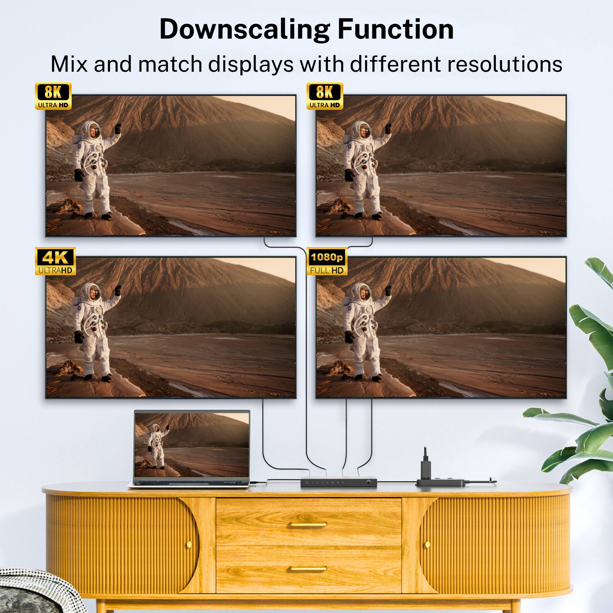 Downscaling Function  
Mix and match displays with different resolutions  

8K ULTRA HD  
4K ULTRA HD  
1080p FULL HD