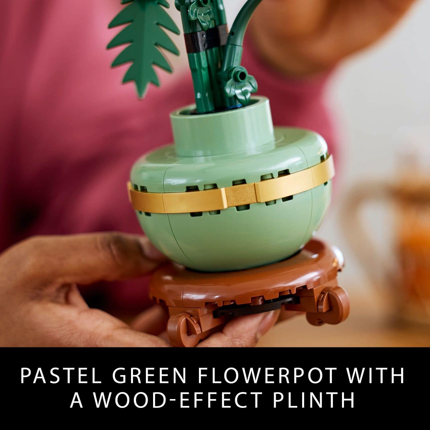 Pastel Green Flowerpot with a Wood-Effect Plinth