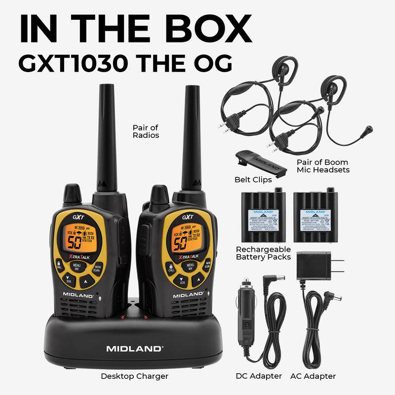 IN THE BOX  
GXT1030 THE OG  
- Pair of Radios  
- Belt Clips  
- Pair of Boom Mic Headsets  
- Rechargeable Battery Packs  
- Desktop Charger  
- DC Adapter  
- AC Adapter