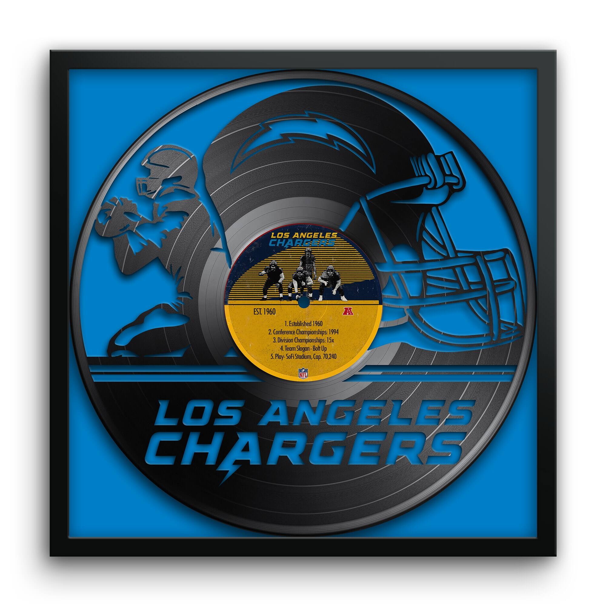 LOS ANGELES CHARGERS  
EST 1960  

1. Established 1960  
2. Conference Championships: 2  
3. Division Championships: 5  
4. Team Slogan: "Play Soft Stadium"  
5. Stadium: 70,240  

LOS ANGELES CHARGERS