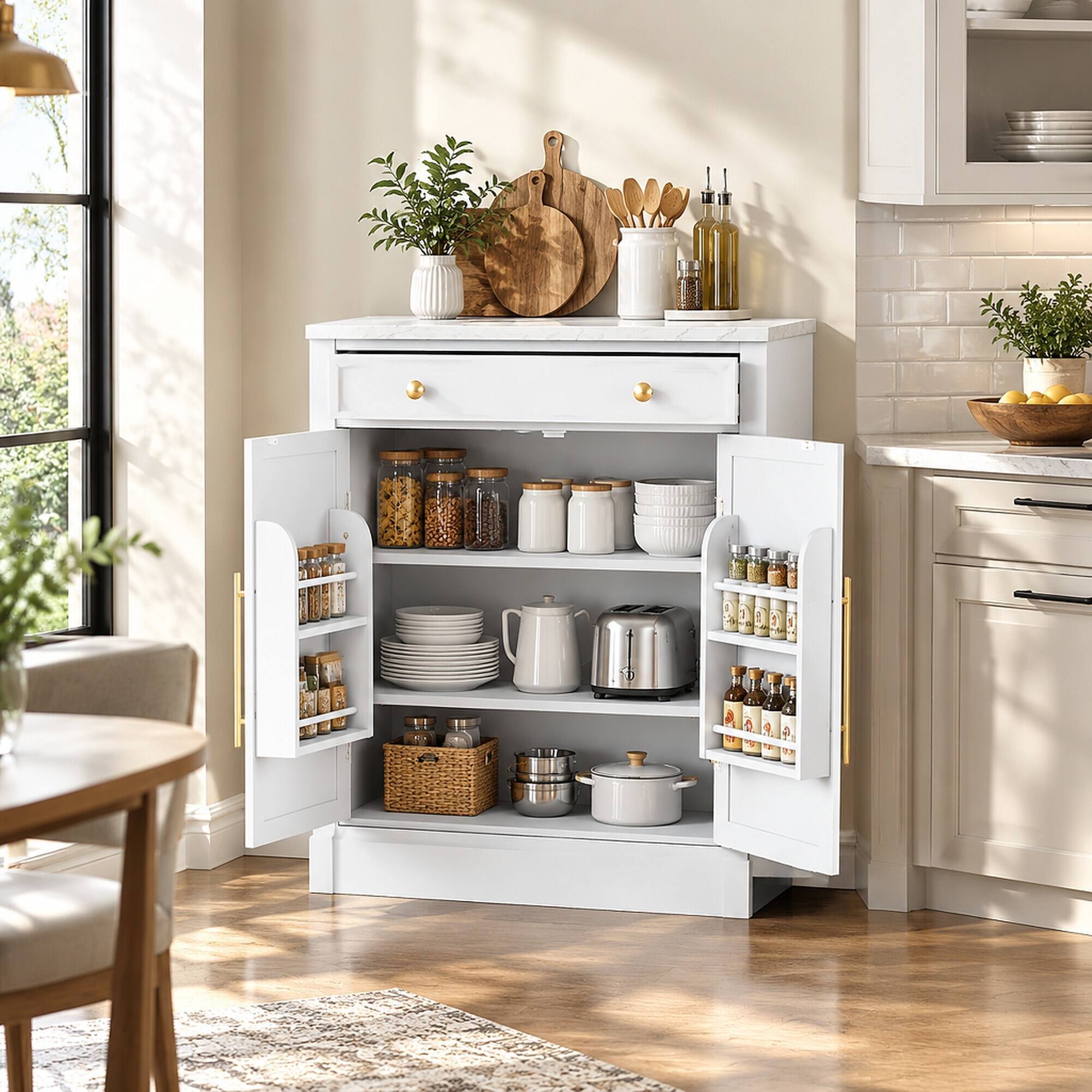 Angle. RYHNUYNE - Freestanding Kitchen Pantry Cabinet with Adjustable Shelves, Coffee Bar Buffet Storage, White - White.