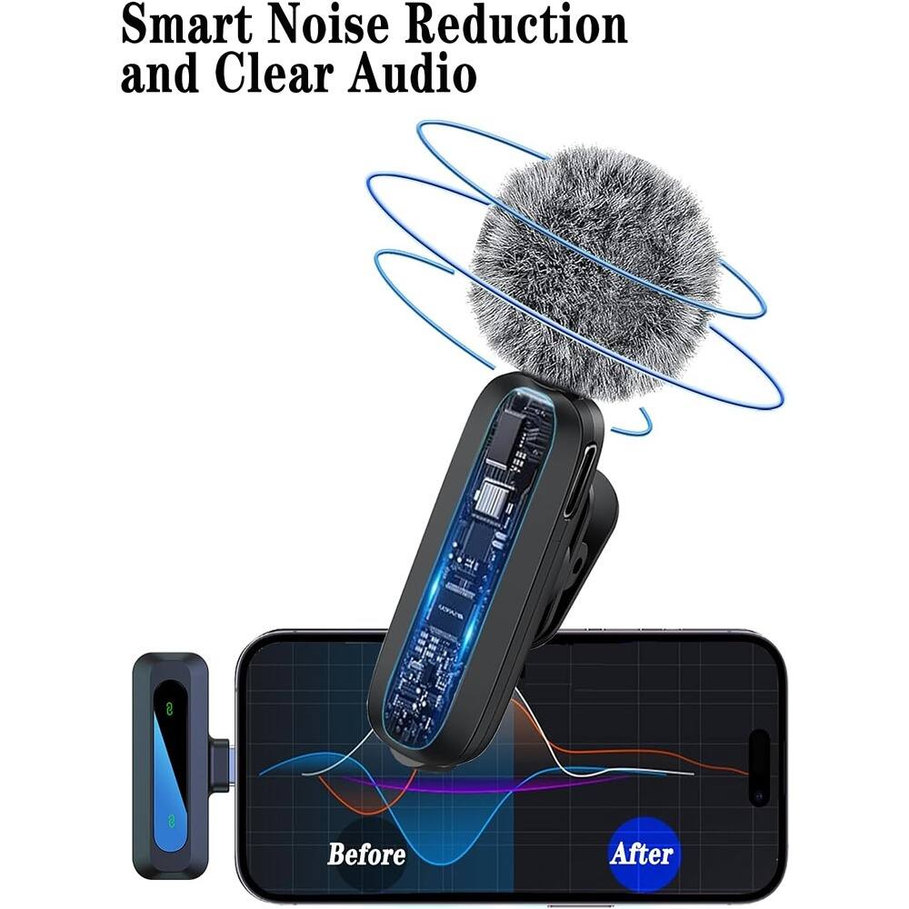 Back. MOSZAR LLC - Wireless Lavalier Mic 2-Pack – Noise Reduction, Plug & Play for iPhone/Android (USB-C + Lightning) - Black.