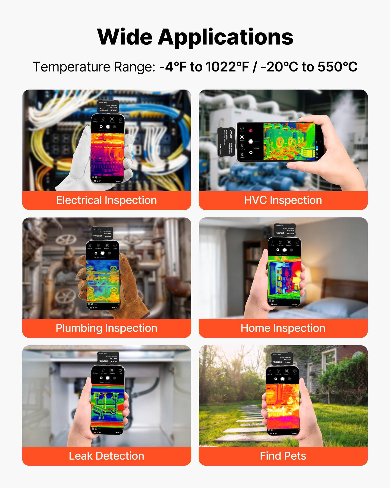 Wide Applications  
Temperature Range: -4°F to 1022°F / -20°C to 550°C  

- Electrical Inspection  
- HVAC Inspection  
- Plumbing Inspection  
- Home Inspection  
- Leak Detection  
- Find Pets