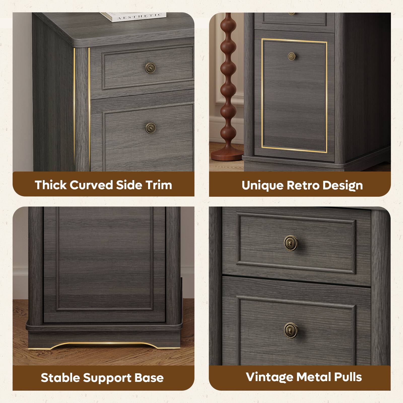 AESTHETIC

- Thick Curved Side Trim
- Unique Retro Design
- Stable Support Base
- Vintage Metal Pulls