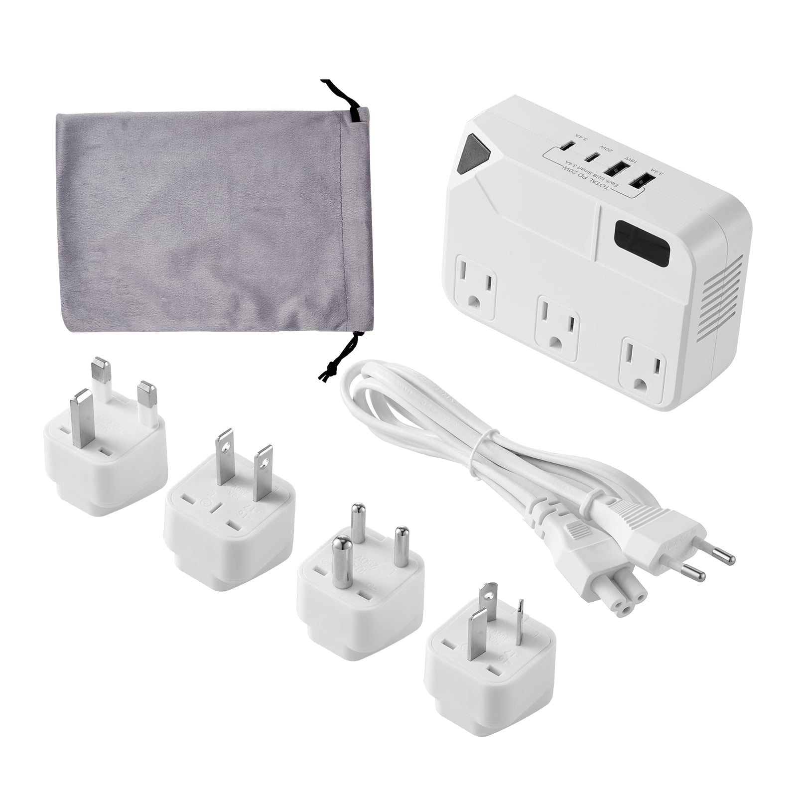 VEVOR - Voltage Converter, 220V to 110V, International Universal Travel Adapter with 4 USB Ports (2 USB C), 3 AC Sockets - White