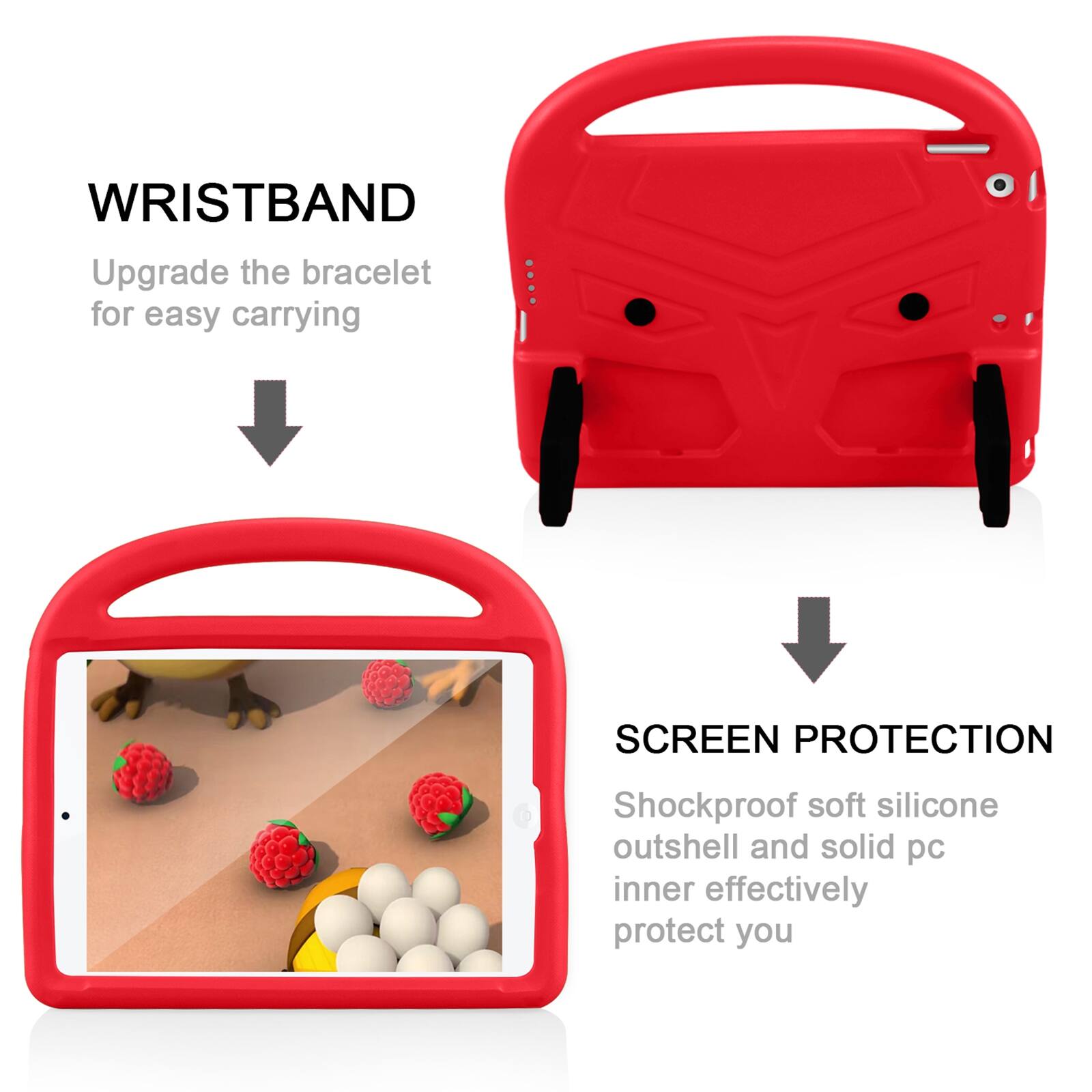 WRISTBAND  
Upgrade the bracelet for easy carrying

SCREEN PROTECTION  
Shockproof soft silicone outshell and solid pc inner effectively protect you