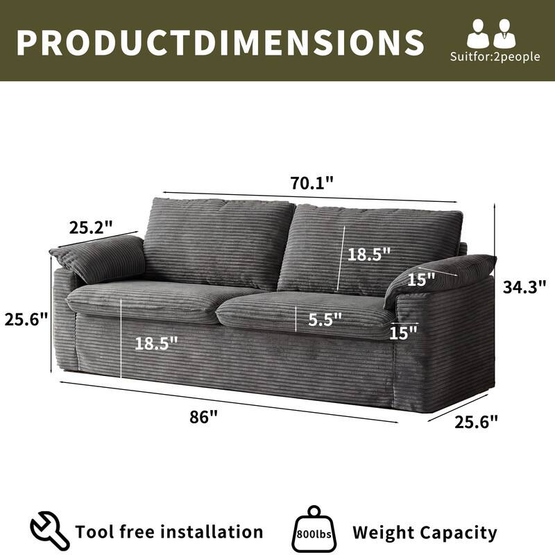 PRODUCT DIMENSIONS  
Suit for: 2 people  

- 70.1"  
- 25.2"  
- 18.5"  
- 15"  
- 34.3"  
- 25.6"  
- 18.5"  
- 5.5"  
- 15"  
- 86"  
- 25.6"  

Tool free installation  
800lbs Weight Capacity