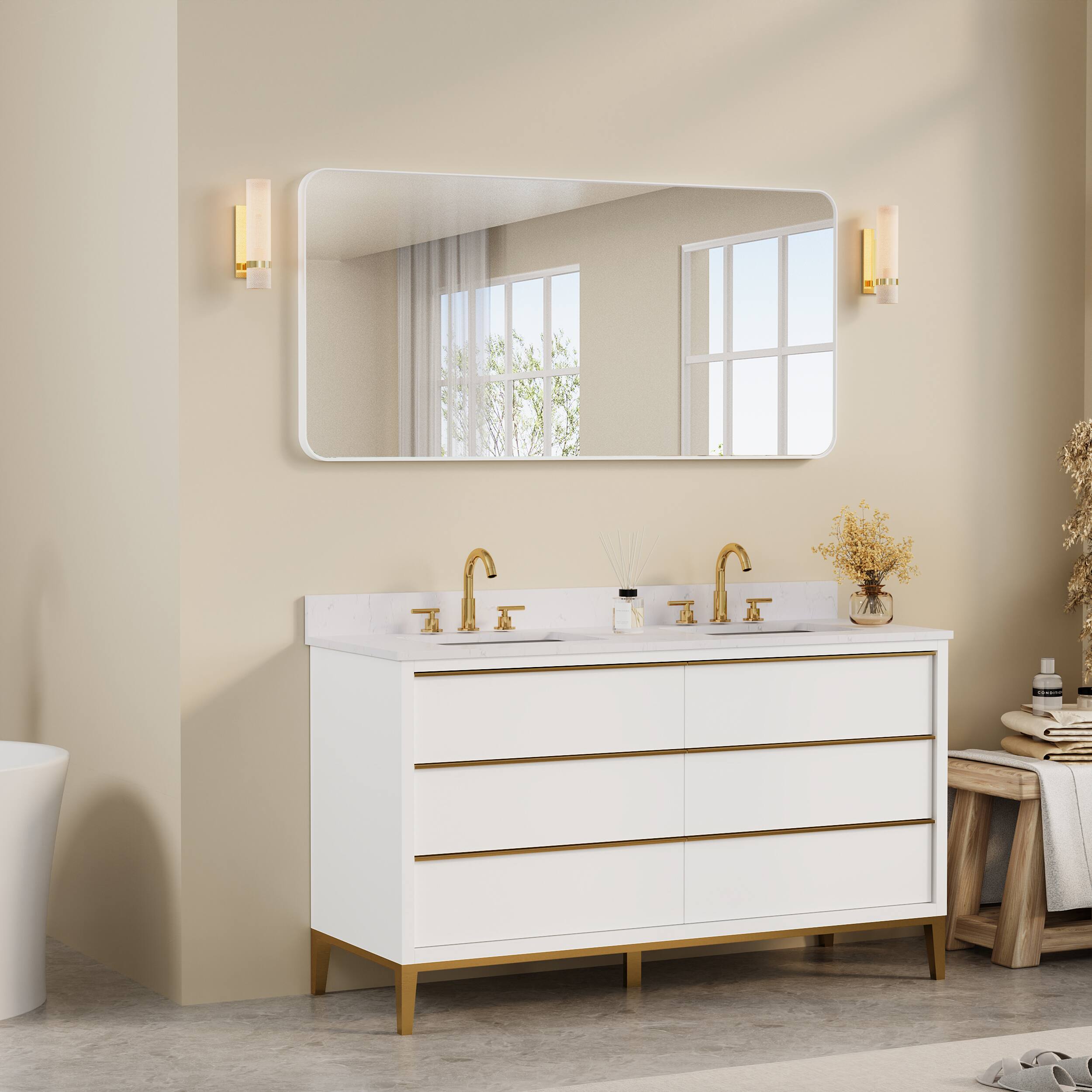 Alt View 1. WELLFOR - 60 in. W. x 28 in. H Rectangular Aluminum Framed Wall-Mounted Bathroom Vanity Mirror - White.