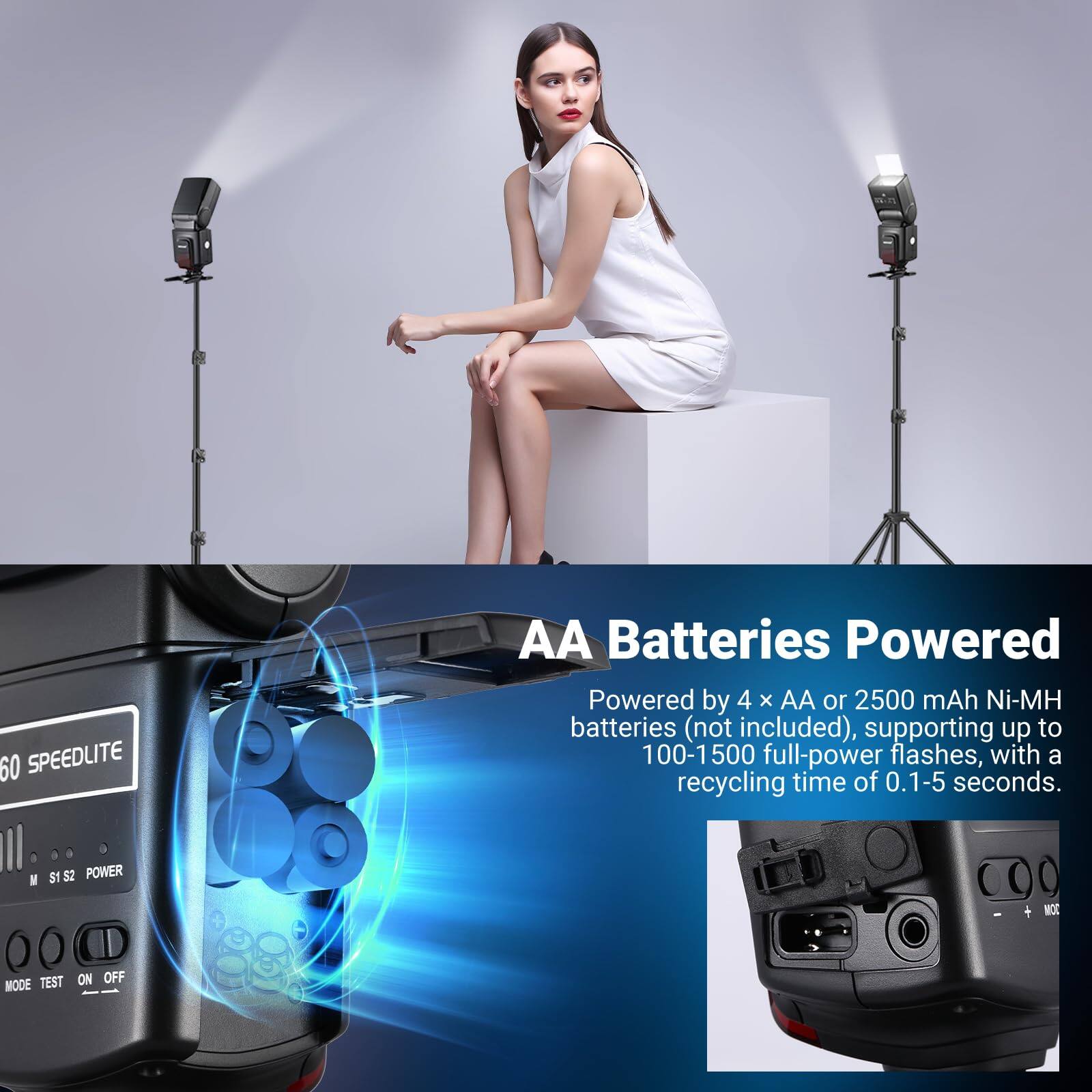 60 SPEEDLITE AA Batteries Powered

Powered by 4 x AA or 2500 mAh Ni-MH batteries (not included), supporting up to 100-1500 full-power flashes, with a recycling time of 0.1-5 seconds.

M 51 52 POWER 00 TEST ON OFF MODE 2OW
