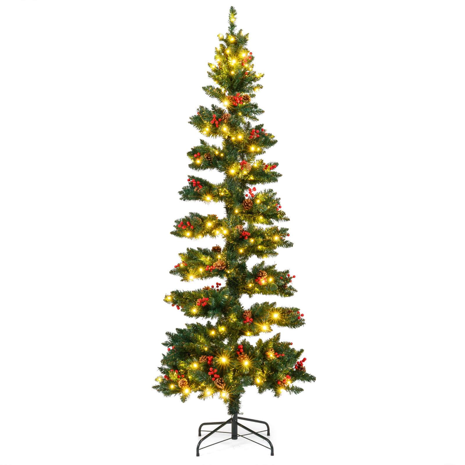 Costway - 7 FT Artificial Christmas Tree with 791 Branch Tips Warm White LED Lights Folding Metal Stand - Green