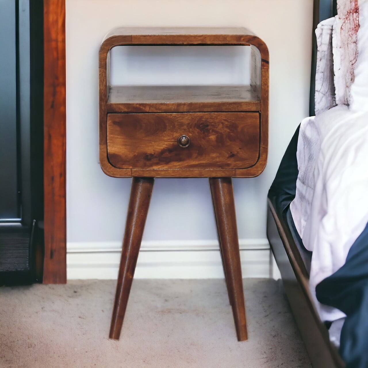 Alt View 8. Artisan Furniture - Artisan Furniture Solid Wood Mini Chestnut Curve Open Nightstand, 1 Drawer, 1 Open Storage, Nordic legs, Brown - Chestnut.