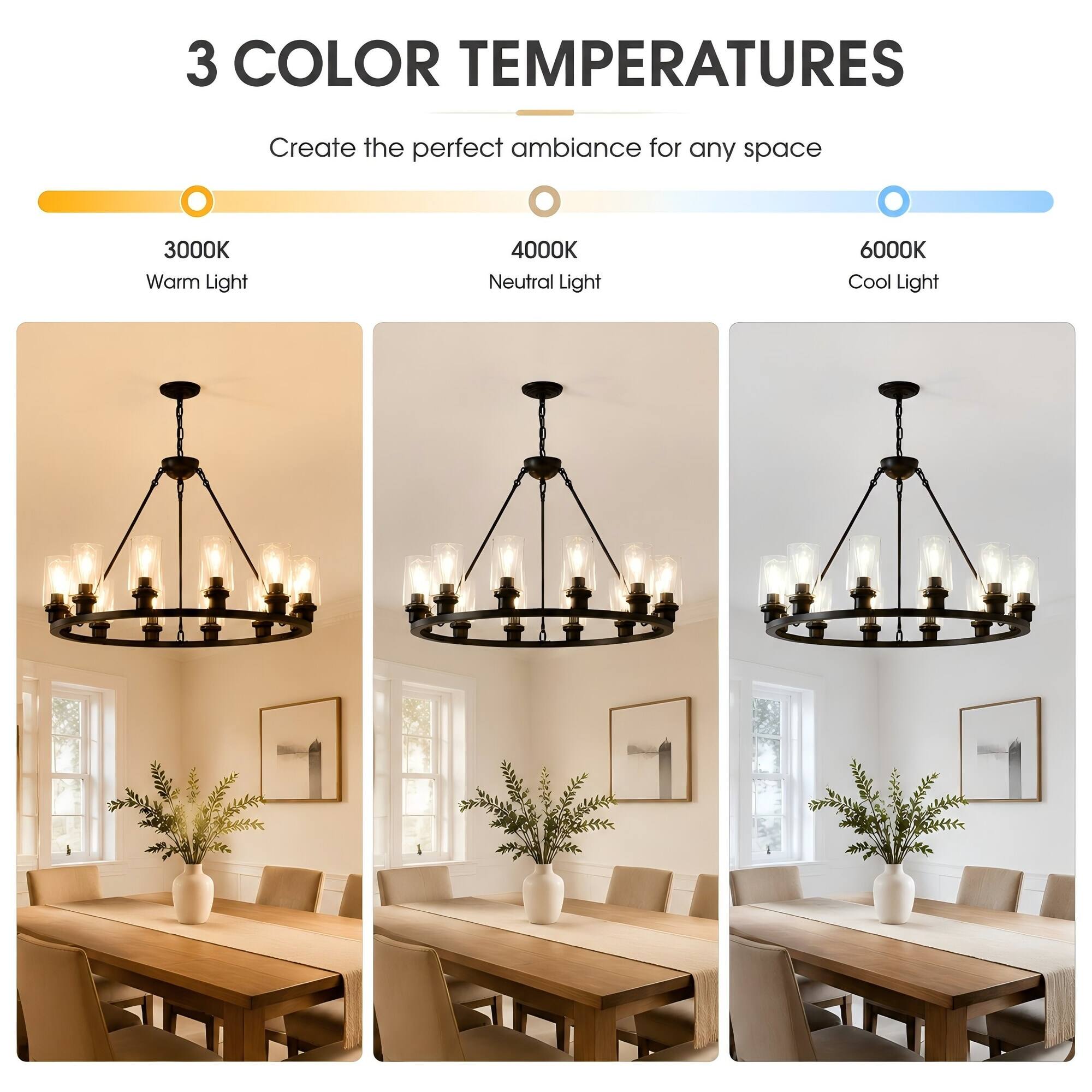 3 COLOR TEMPERATURES
Create the perfect ambiance for any space
3000K Warm Light
4000K Neutral Light
6000K Cool Light