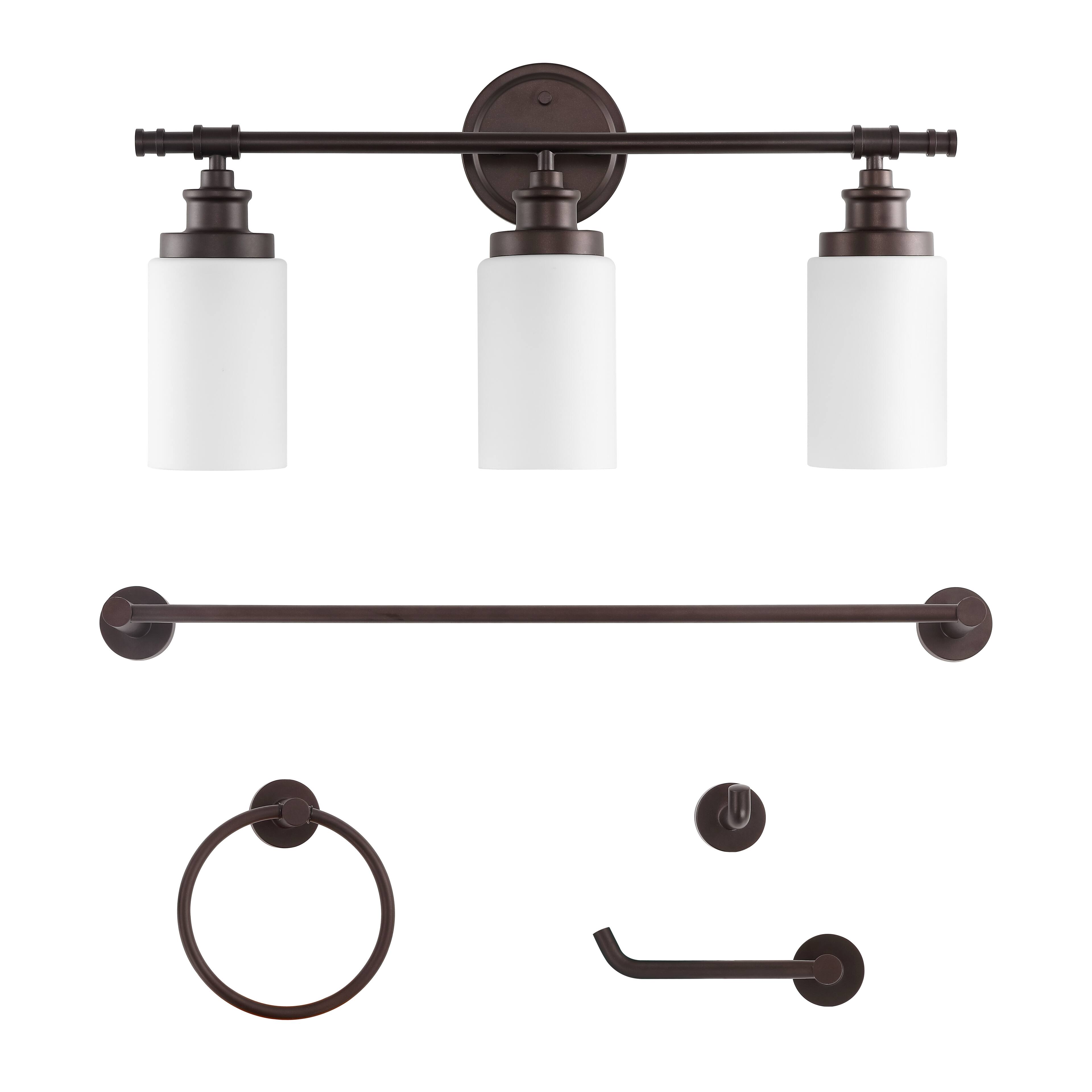 Alt View 7. Jonathan Y - Egan 23.25" 3-Light Vanity Light with Frosted Glass Shades and Bathroom Accessory Set, Oil Rubbed Bronze (5-Piece) - Oil Rubbed Bronze.