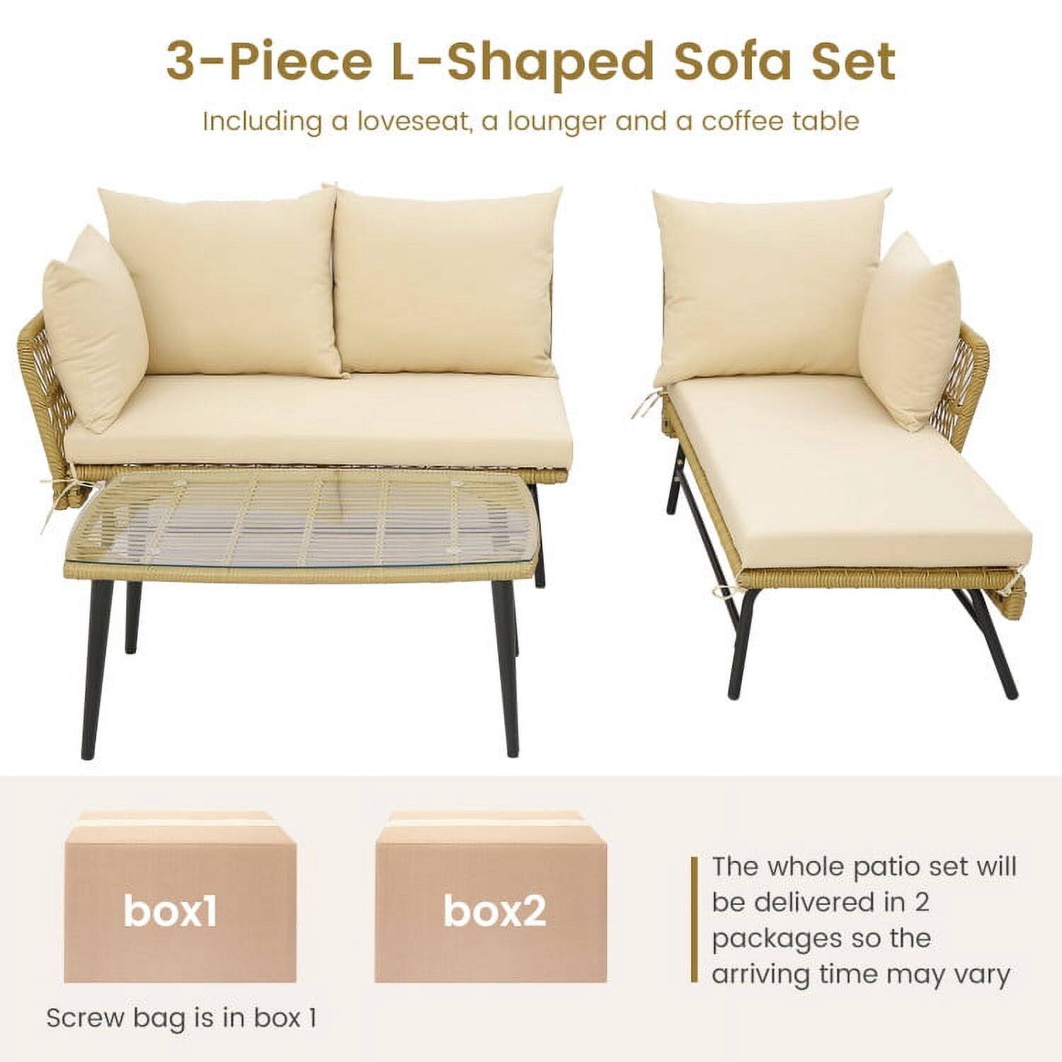 3-Piece L-Shaped Sofa Set  
Including a loveseat, a lounger and a coffee table  

box1  
box2  

Screw bag is in box 1  

The whole patio set will be delivered in 2 packages so the arriving time may vary