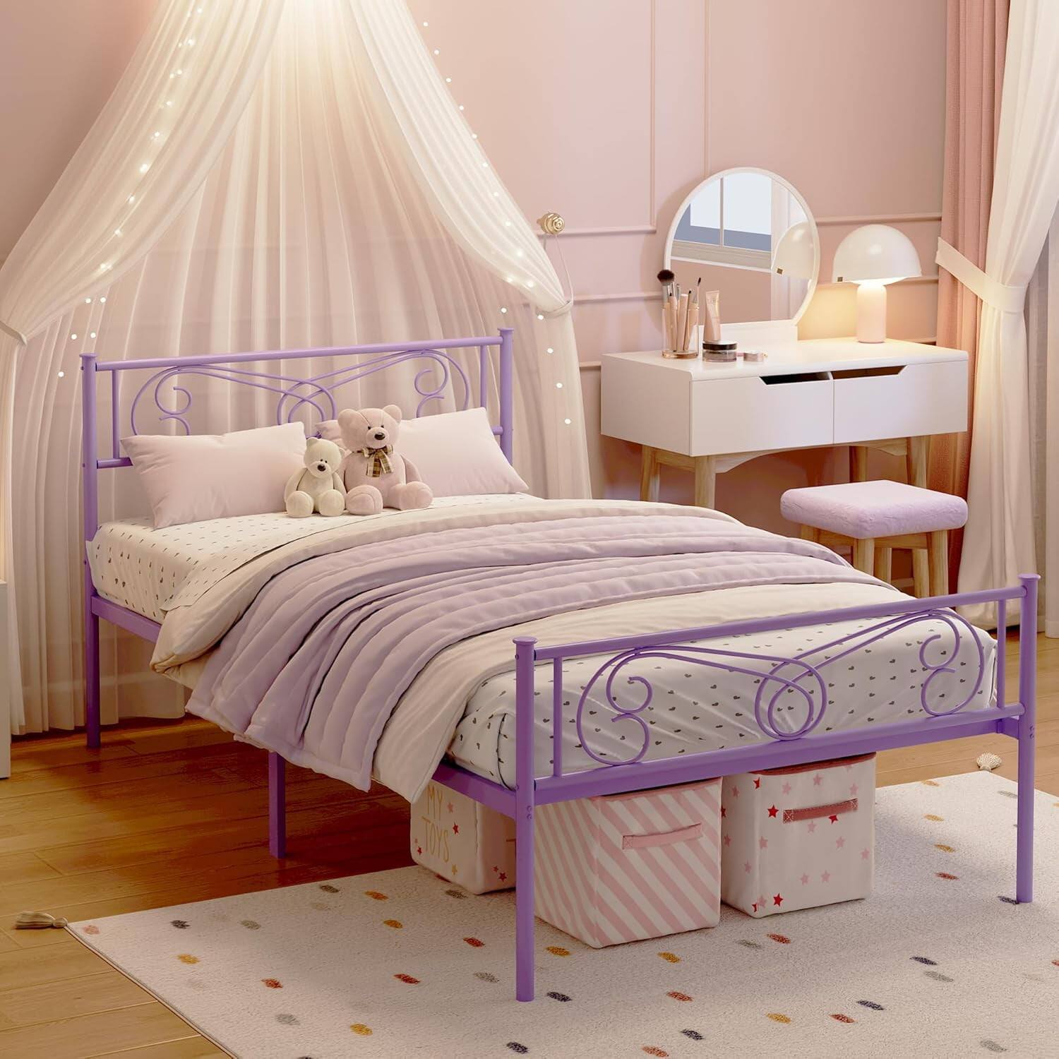 Alt View 2. Jojoka - Easy Assembly Twin Size Metal Bed Frame  Twin Bed Frames Space Saving, for Living Room, Guest Room - Purple.