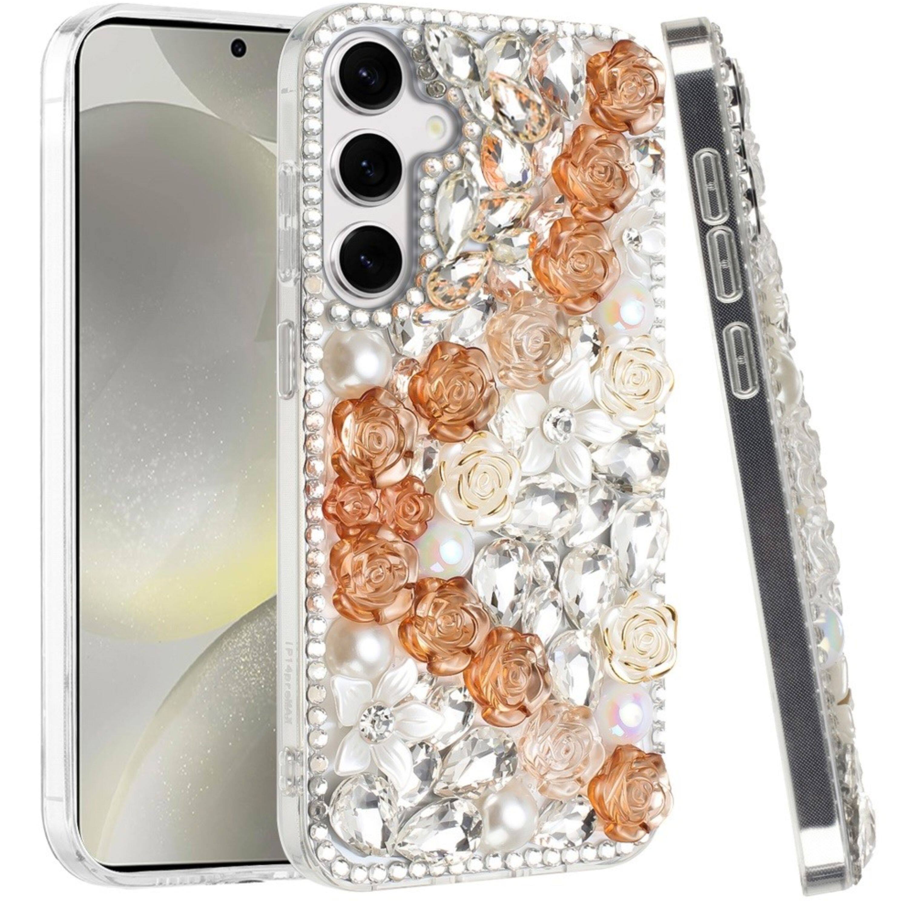 Angle. Kitcheniva - Glam 3D Bloom Crystal Case With Tempered Glass For Samsung S25/S24 Gold - Gold.