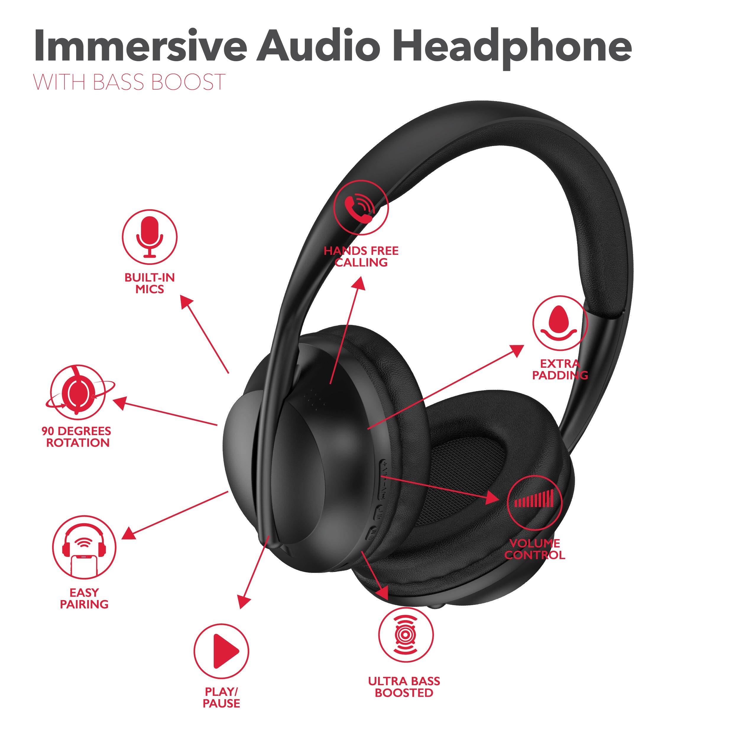 Immersive Audio Headphone with Bass Boost, Built-in Mics, Hands-Free Calling, Extra Padding, 90 Degrees Rotation, Volume Control, Easy Pairing, Play/Pause, Ultra Bass Boosted.