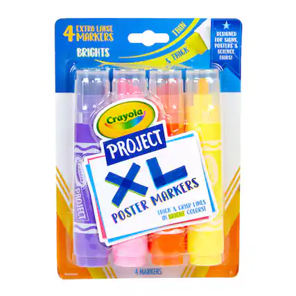 EXTRA LARGE 4 MARKERS
BRIGHTS
THIN & THICK
DESIGNED FOR SIGNS, POSTERS & SCIENCE FAIRS!
Crayola PROJECT XL
POSTER MARKERS
THICK & CRISP LINES IN BRIGHT COLORS!
NONTOXIC