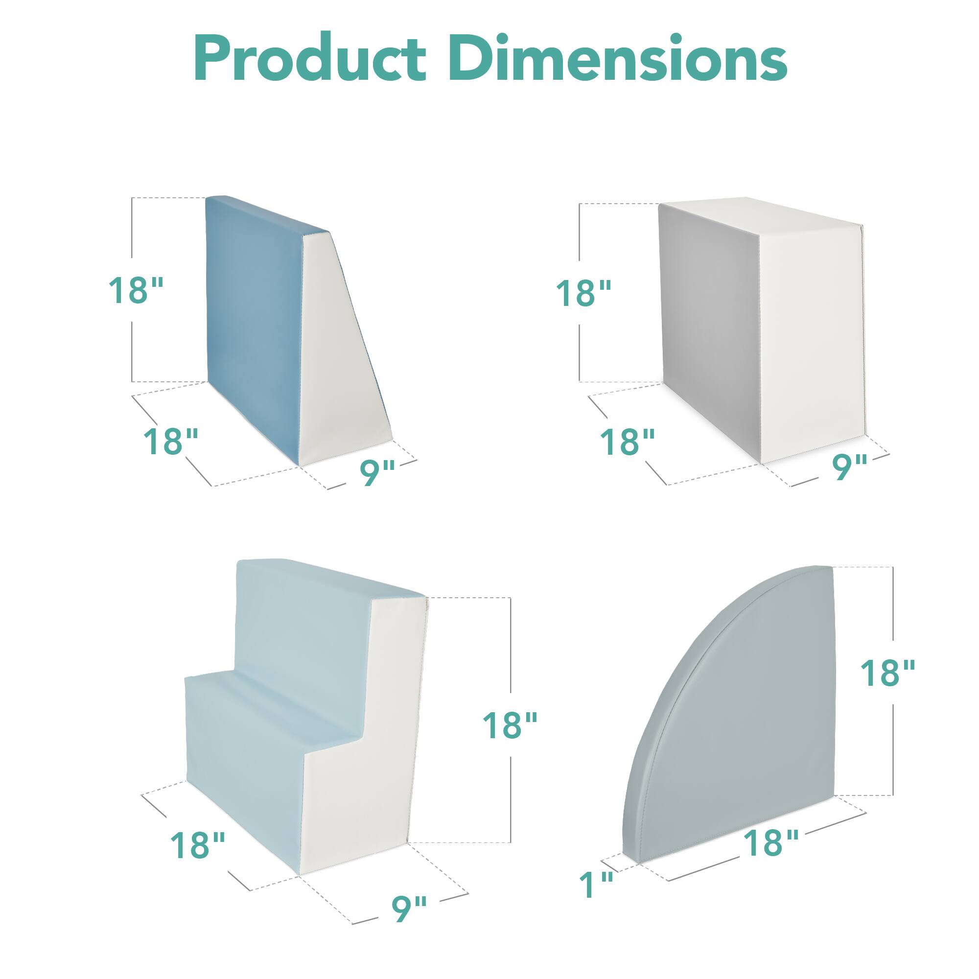 The corrected text based on the image is:

Product Dimensions: 18" x 18" x 9", 18" x 18" x 1", 18" x 9" x 1".