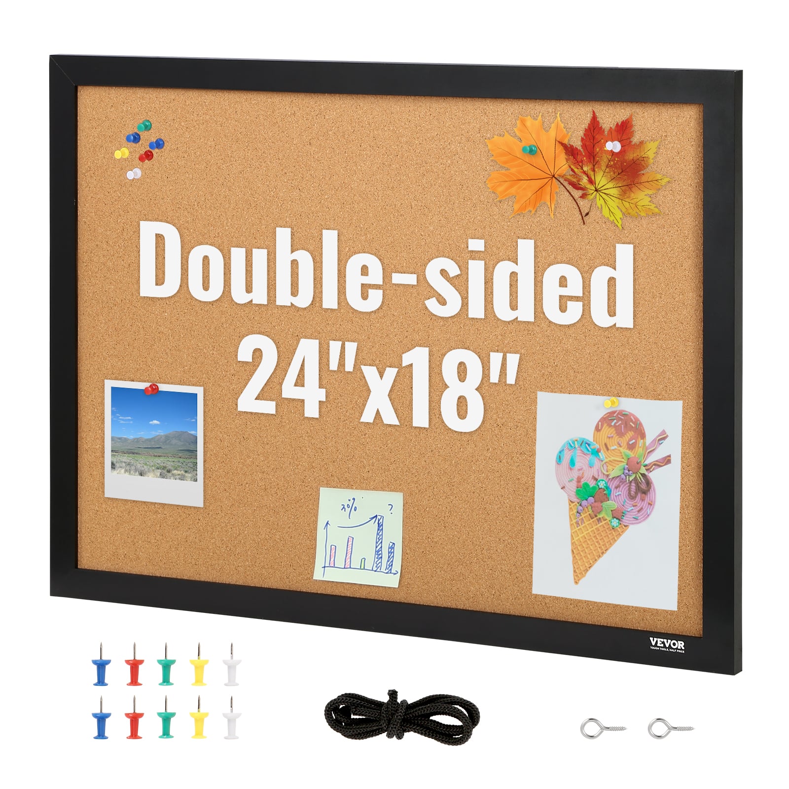 VEVOR - Cork Board, 24 x 18 inches, Double-sided Bulletin Board with MDF Sticker Frame, Vision Board Includes 10 Pushpins