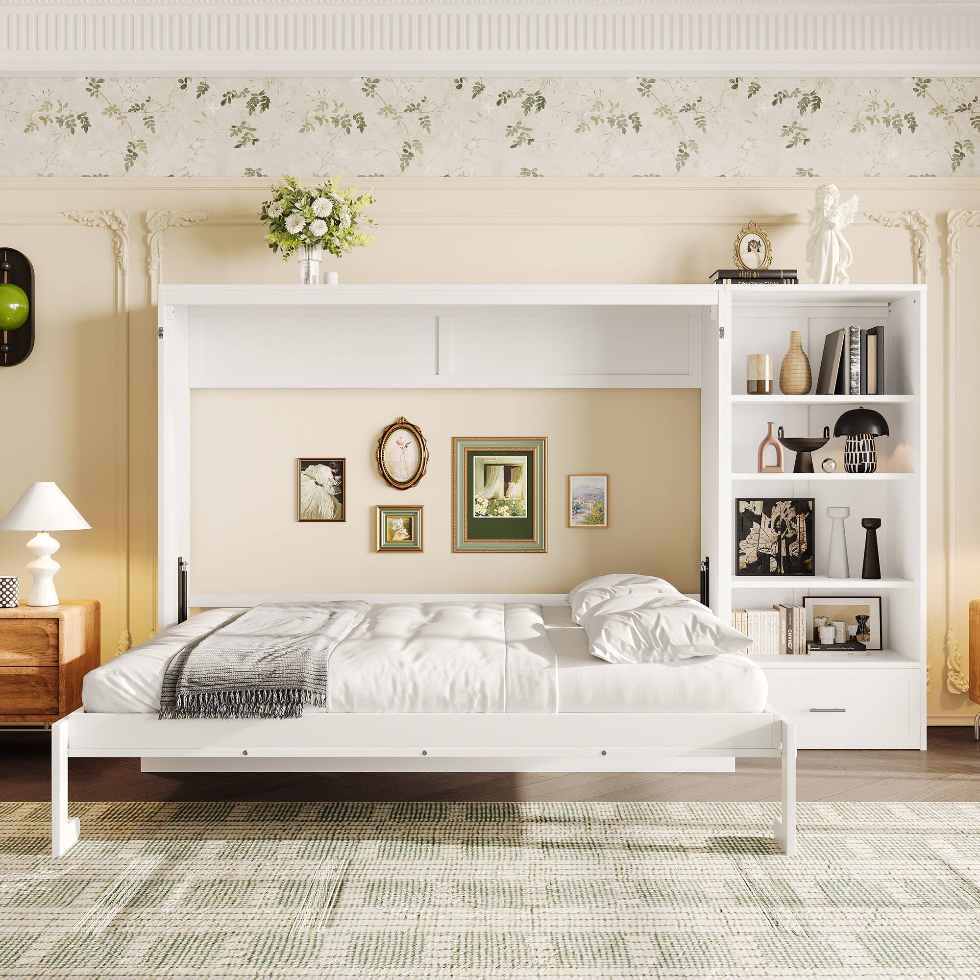 Left. Anysun - Queen Size Multifunctional Foldable Murphy Bed with Height Adjustable Storage Compartments and Shelf, Drawer - White.