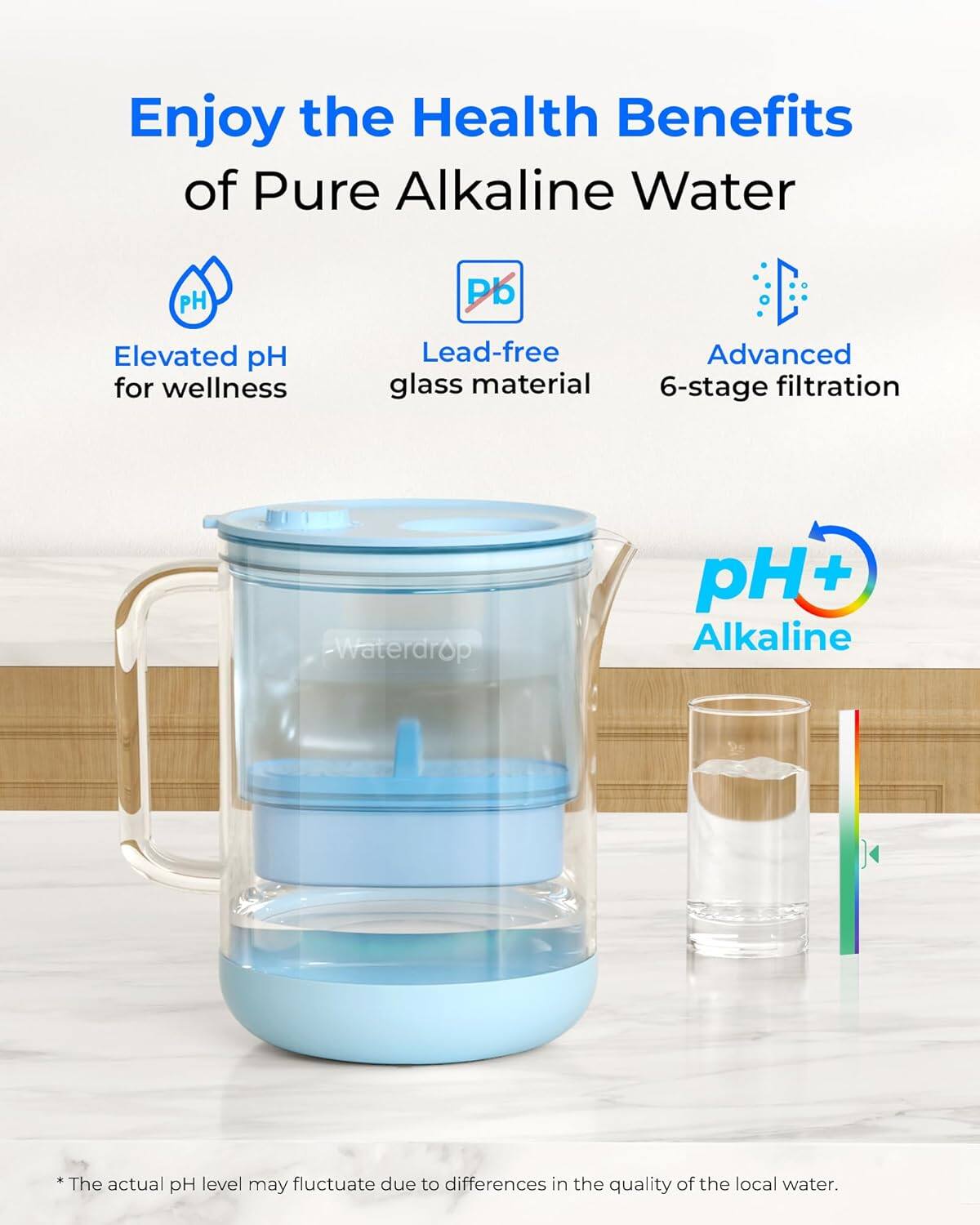 Enjoy the Health Benefits of Pure Alkaline Water

- Elevated pH for wellness
- Lead-free glass material
- Advanced 6-stage filtration

pH+ Alkaline

*The actual pH level may fluctuate due to differences in the quality of the local water.