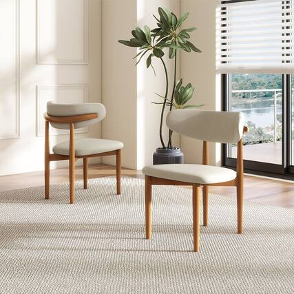 Front. POVISON - Mid-Century Modern Wood Dining Chairs Set of 2(PU Leather,Beige & Light Walnut) - Beige & Light Walnut.