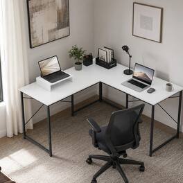 WELLFOR - 59 inch L-Shaped Desk with USB Power Outlets, 2-Person Reversible Computer Desk with Monitor Stand for Home Office - White