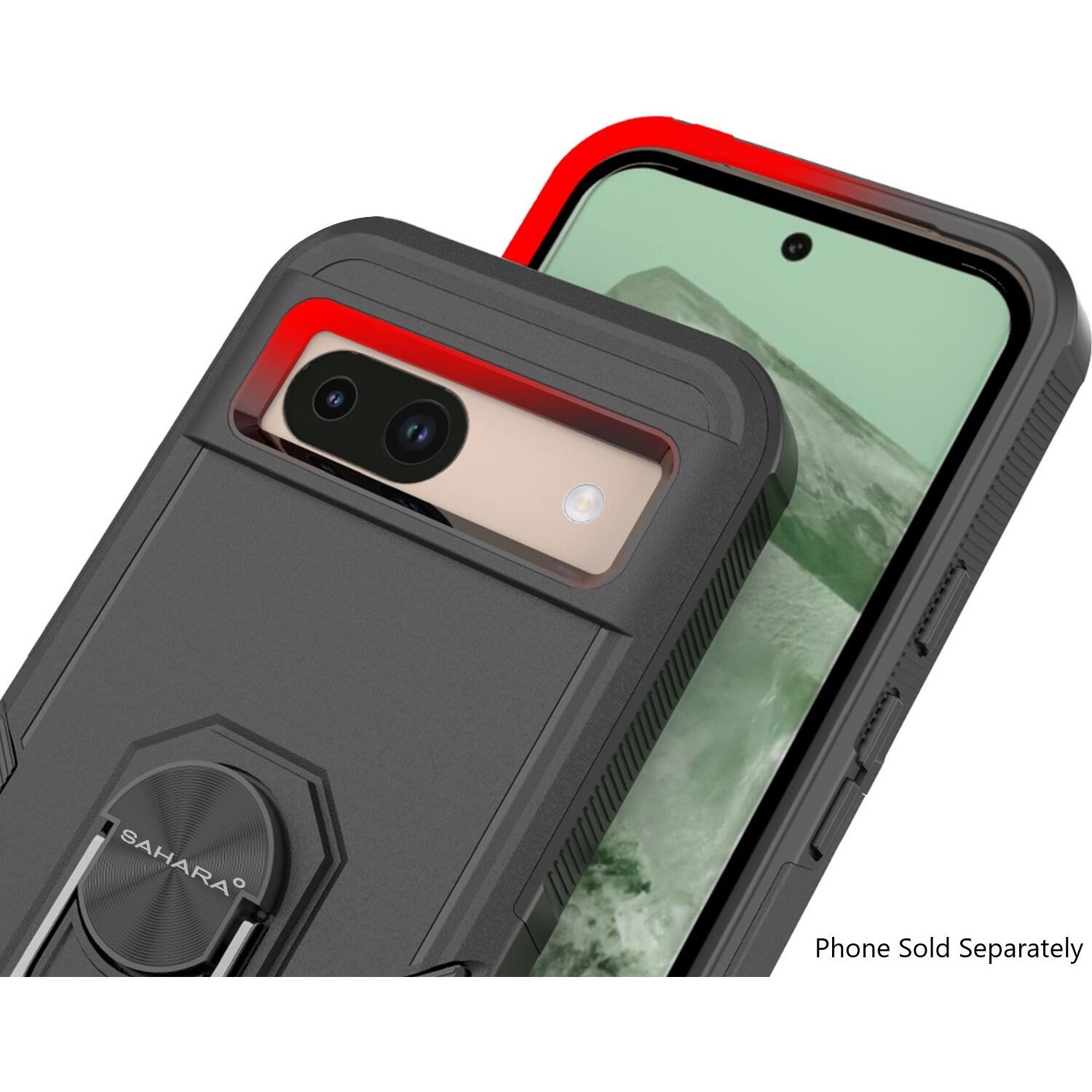 The image features a phone case with a red and gray color scheme. The case is designed to protect the phone, and it is being displayed separately from the phone itself. The phone is not visible in the image, but the case is prominently displayed, showcasing its features and design.
