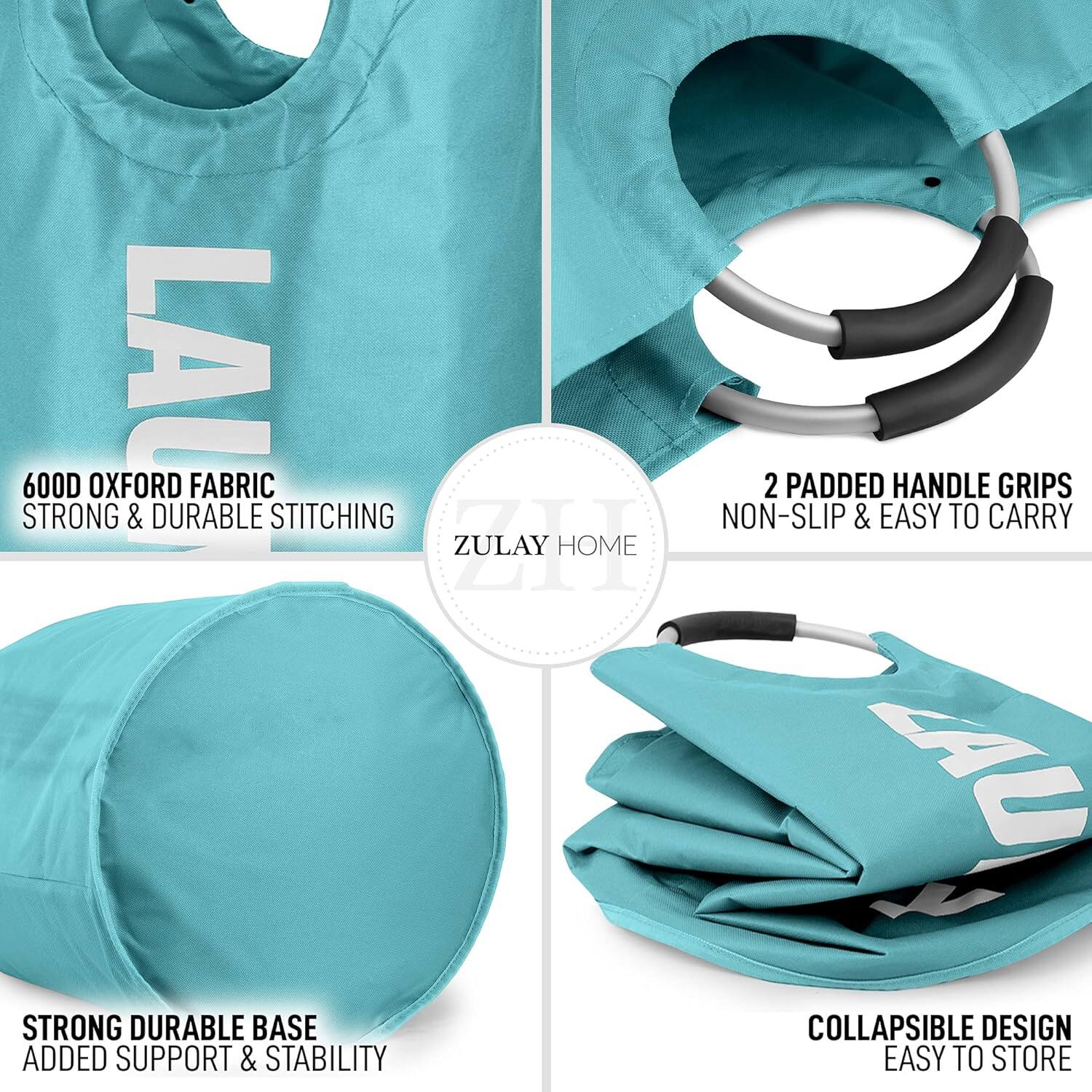 - 600D Oxford Fabric
- Strong & Durable Stitching
- 2 Padded Handle Grips
- Non-Slip & Easy to Carry
- Strong Durable Base
- Added Support & Stability
- Collapsible Design
- Easy to Store
- Zulay Home