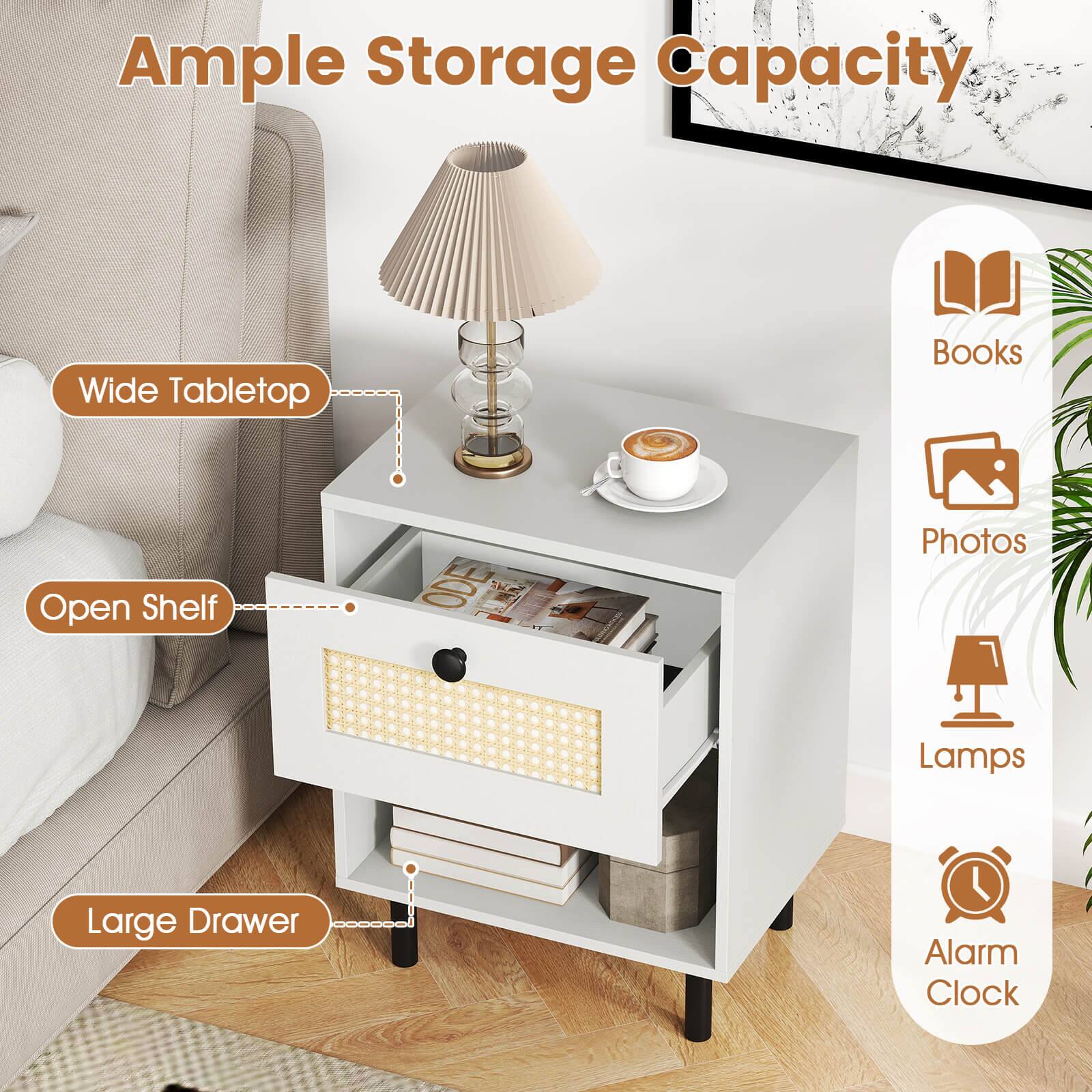 Ample Storage Capacity

- Wide Tabletop
- Open Shelf
- Large Drawer

Books
Photos
Lamps
Alarm Clock