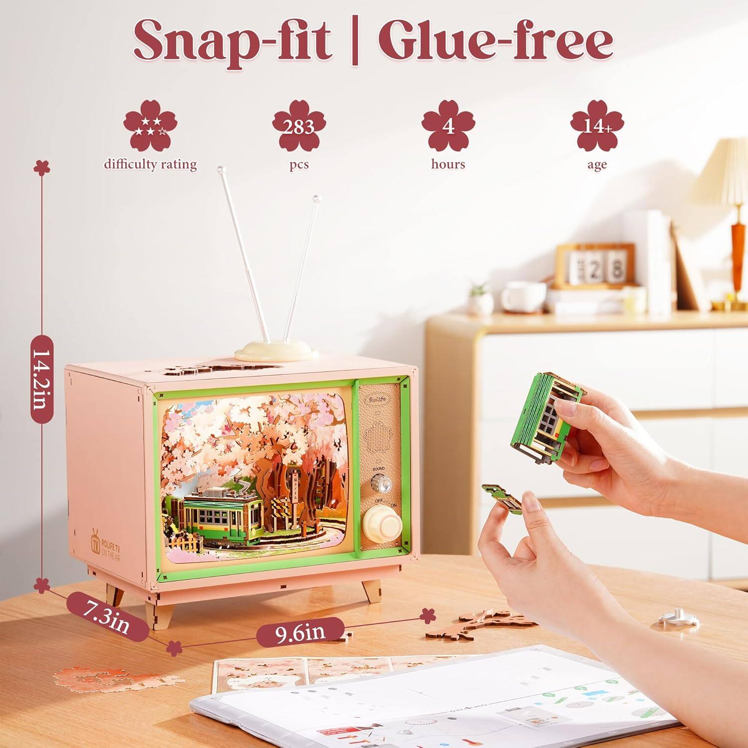 Snap-fit | Glue-free  
283 pcs  
difficulty rating  
4 hours  
14+ age  
14.2in  
7.3in  
9.6in