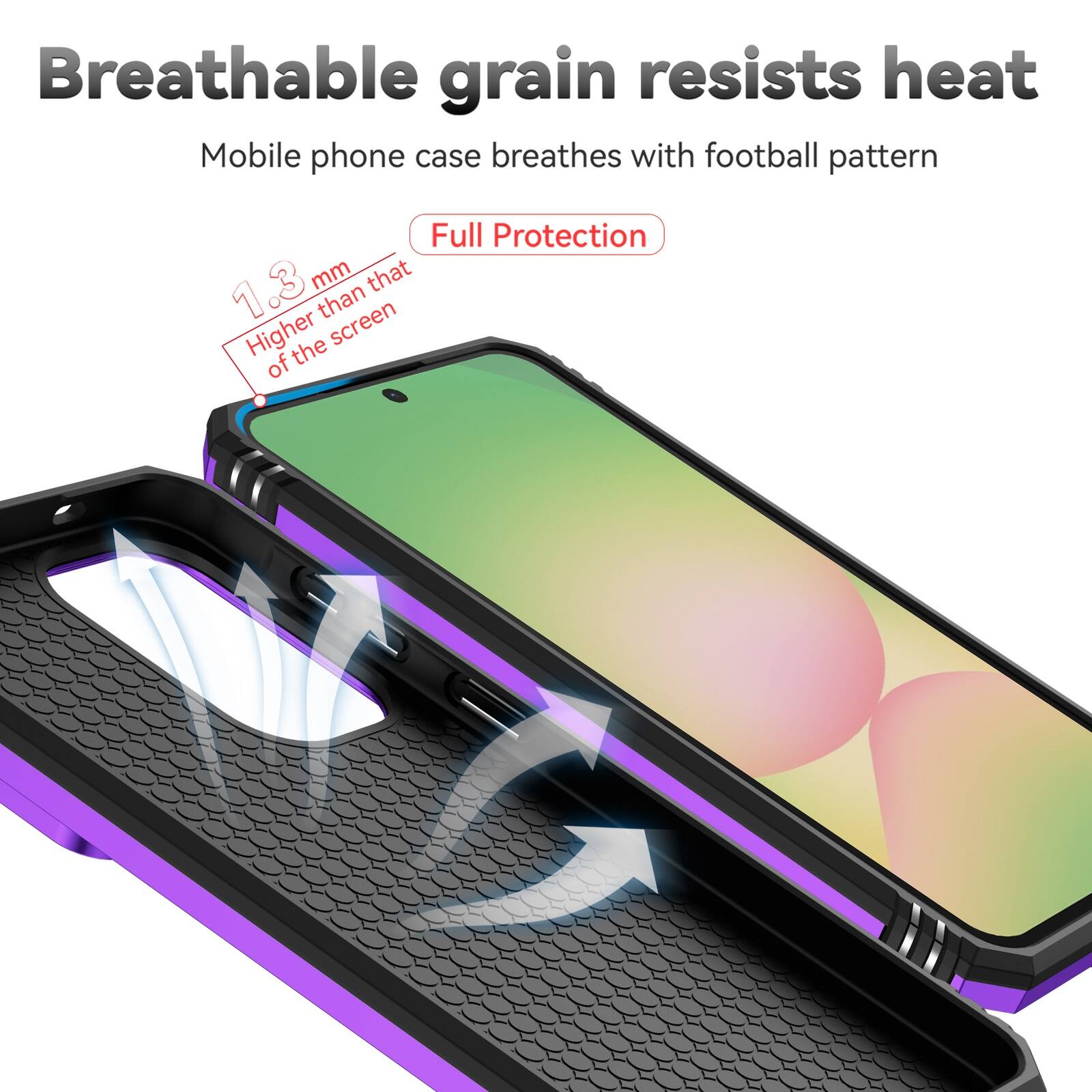 Breathable grain resists heat  
Mobile phone case breathes with football pattern  
Full Protection  
1.3 mm Higher than that of the screen