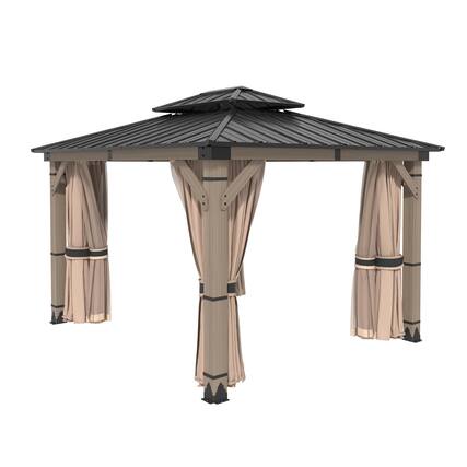 Front. Mondawe - 10x12 ft. Solid Cedar Wood Patio Gazebo with Curtains and Mesh Screens - Natural Wood + Black.