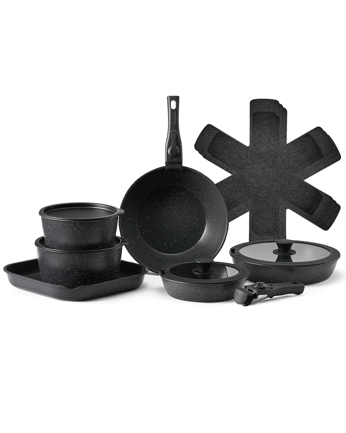 Front. VEVOR - 17 Piece Pots and Pans Set, Granite Nonstick Detachable Handle Cookware, Space Saving Induction Cookwares - Black.