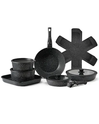Front. VEVOR - 17 Piece Pots and Pans Set, Granite Nonstick Detachable Handle Cookware, Space Saving Induction Cookwares - Black.