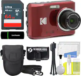 Kodak - PIXPRO FZ45 16MP Digital Camera 4X Optical Zoom 1080P Full HD Video (Red) + 64GB Card + Case + Memory Wallet + Bundle