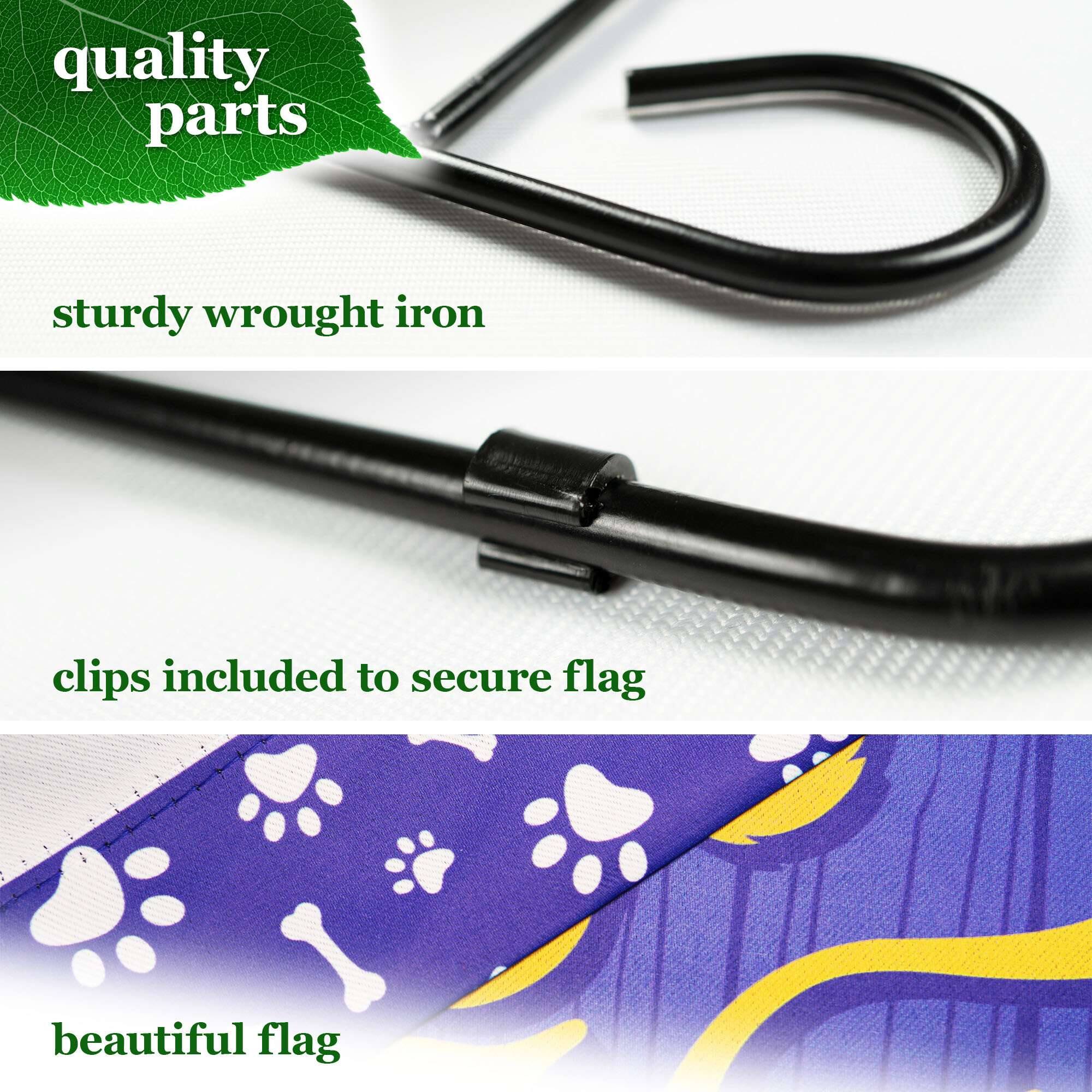 quality parts  
sturdy wrought iron  
clips included to secure flag  
beautiful flag