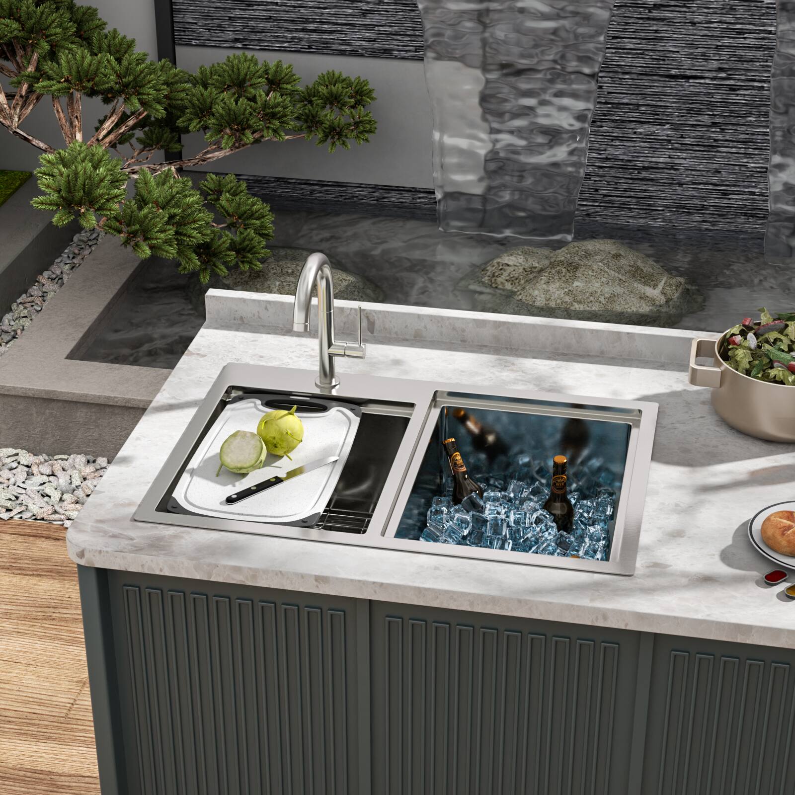 Angle. Siljoy - Outdoor Double Bowl Drop-In Stainless Steel Sink with Workstation - Brushed Nickel.