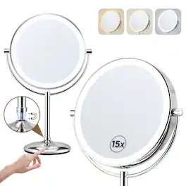 Earthley Blooms - 9" Makeup Mirror With Lights: 1x/15x Magnifying Lights Rechargeable Make Up Mirrors 3 Colors Light Chrome - Chrome-10X